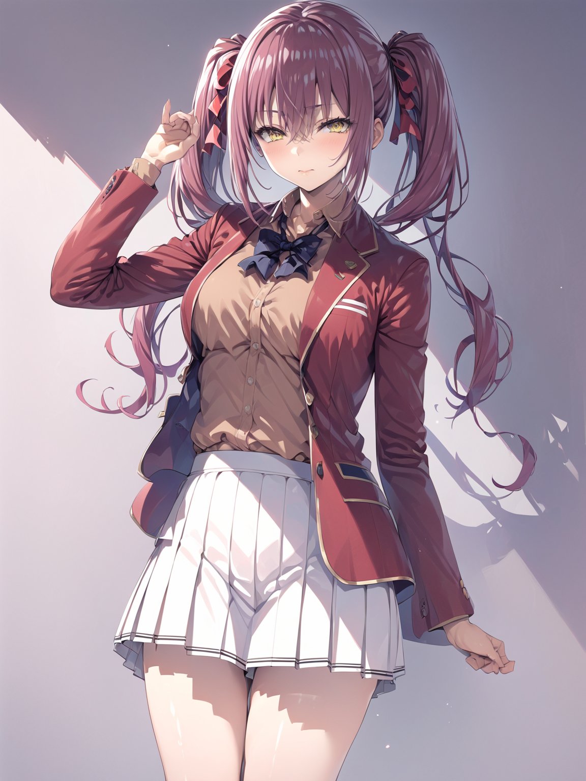 //Quality,
masterpiece, best quality, detailed
,//Character,
1girl, solo, AmasawaIchika, yellow eyes, long hair, twintails, medium breasts, bangs, hair between eyes, shiny hair, 
,//Fashion,
school uniform, red jacket, blazer, open jacket, long sleeves, open clothes, collared shirt, brown shirt, bowtie, hair ribbon, red ribbon, pleated skirt, white skirt, miniskirt, black footwear, black socks, loafers
,//Background,
,//Others,
standing, full body, closed mouth, hand up, 