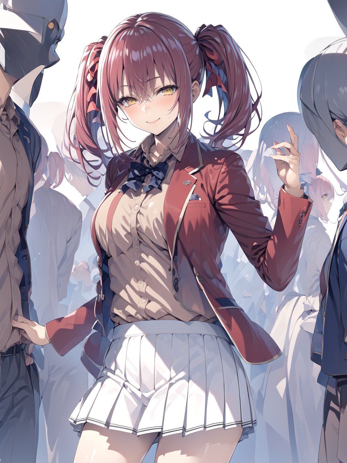 //Quality,
masterpiece, best quality, detailed
,//Character,
1girl, solo,AmasawaIchika, yellow eyes, red hair, twintails, medium breasts, bangs, hair between eyes, shiny hair, 
,//Fashion,
school uniform, red jacket, blazer, open jacket, long sleeves, open clothes, collared shirt, brown shirt, blue bowtie, hair ribbon, red ribbon, pleated skirt, white skirt, miniskirt, black footwear, black socks, loafers
,//Background,
,//Others,
standing, full body, closed mouth, smile, hand up