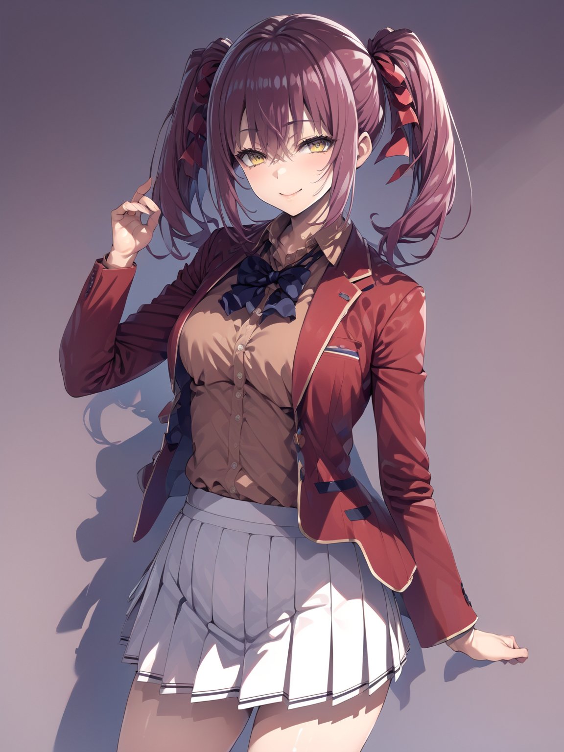 //Quality,
masterpiece, best quality, detailed
,//Character,
1girl, solo,AmasawaIchika, yellow eyes, long hair, twintails, medium breasts, bangs, hair between eyes, shiny hair, 
,//Fashion,
school uniform, red jacket, blazer, open jacket, long sleeves, open clothes, collared shirt, brown shirt, blue bowtie, hair ribbon, red ribbon, pleated skirt, white skirt, miniskirt, black footwear, black socks, loafers
,//Background,
,//Others,
standing, full body, closed mouth, smile, hand up