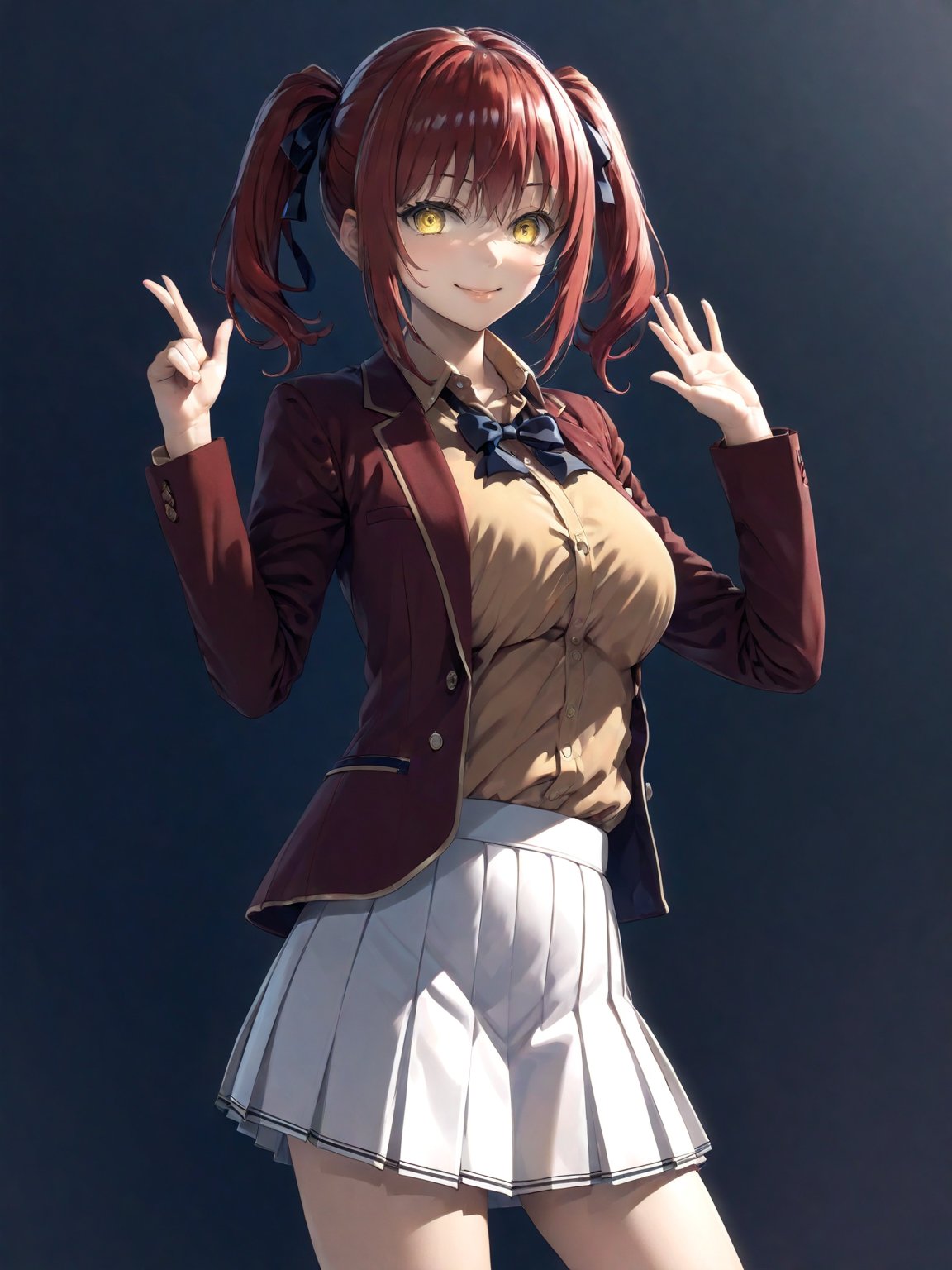 //Quality,
masterpiece, best quality, detailed
,//Character,
1girl, solo,AmasawaIchika, yellow eyes, red hair, twintails, medium breasts, bangs, hair between eyes, shiny hair, 
,//Fashion,
school uniform, red jacket, blazer, open jacket, long sleeves, open clothes, collared shirt, brown shirt, blue bowtie, hair ribbon, red ribbon, pleated skirt, white skirt, miniskirt, black footwear, black socks, loafers
,//Background,
,//Others,
standing, full body, closed mouth, smile, hand up