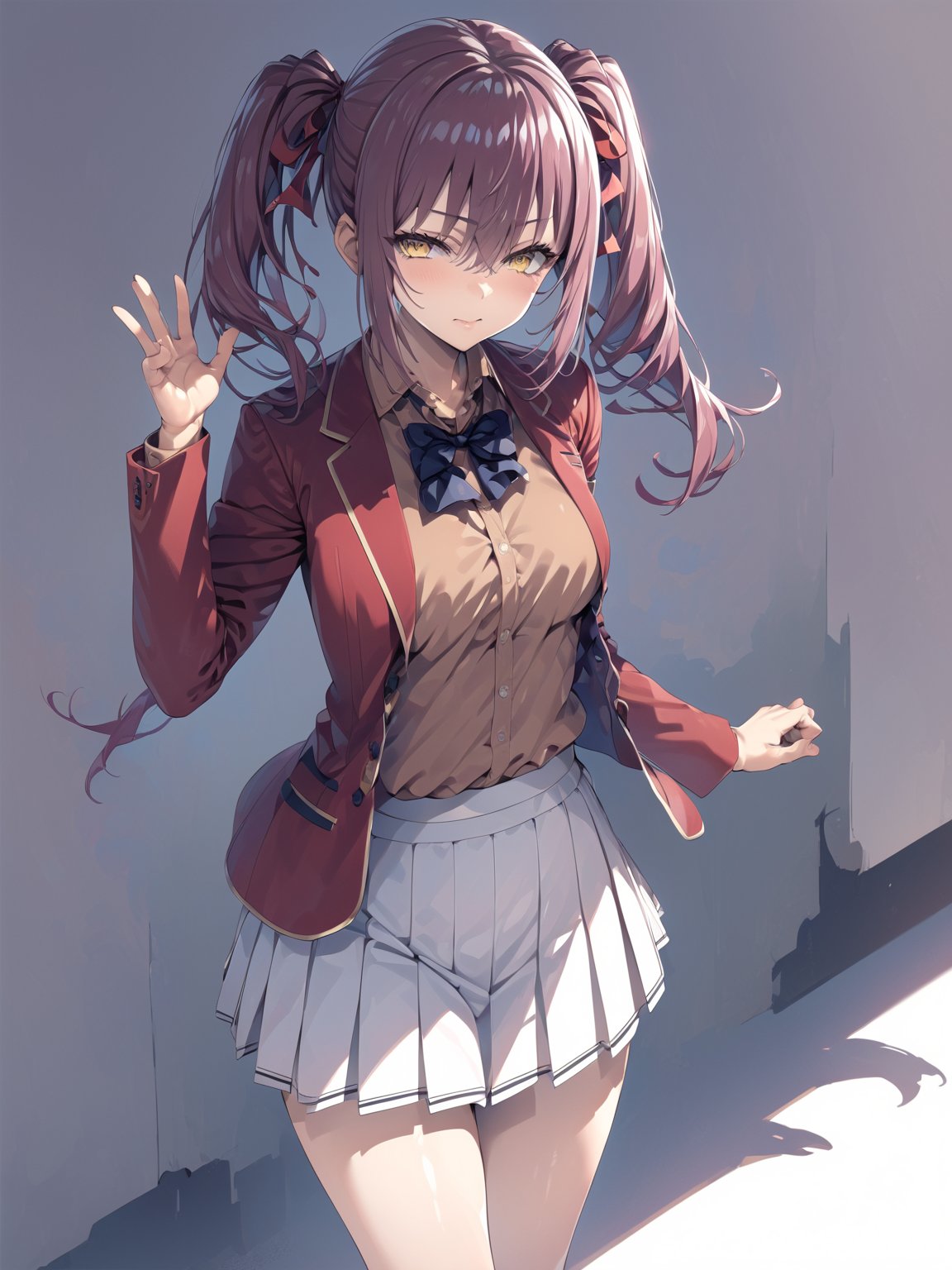 //Quality,
masterpiece, best quality, detailed
,//Character,
1girl, solo,AmasawaIchika, yellow eyes, long hair, twintails, medium breasts, bangs, hair between eyes, shiny hair, 
,//Fashion,
school uniform, red jacket, blazer, open jacket, long sleeves, open clothes, collared shirt, brown shirt, blue bowtie, hair ribbon, red ribbon, pleated skirt, white skirt, miniskirt, black footwear, black socks, loafers
,//Background,
,//Others,
standing, full body, closed mouth, hand up