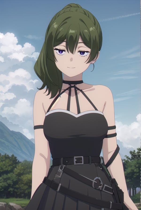 ubel, <lora:mage ubel s1-lora-nochekaiser:1>, ubel, medium hair, hair between eyes, green hair, side ponytail, (purple eyes:1.1), smile,BREAK skirt, gloves, dress, bare shoulders, pleated skirt, sleeveless, black gloves, elbow gloves, belt, miniskirt, black skirt, black footwear, (black dress:1.5), thigh strap, sleeveless dress, halterneck, armband, single glove, black belt, pleated dress, arm strap,BREAK outdoors, forest, nature, sun, sky, clouds, grass, trees, river, rocks,BREAK looking at viewer, (cowboy shot:1.5),BREAK <lyco:GoodHands-beta2:1>, (masterpiece:1.2), best quality, high resolution, unity 8k wallpaper, (illustration:0.8), (beautiful detailed eyes:1.6), extremely detailed face, perfect lighting, extremely detailed CG, (perfect hands, perfect anatomy),