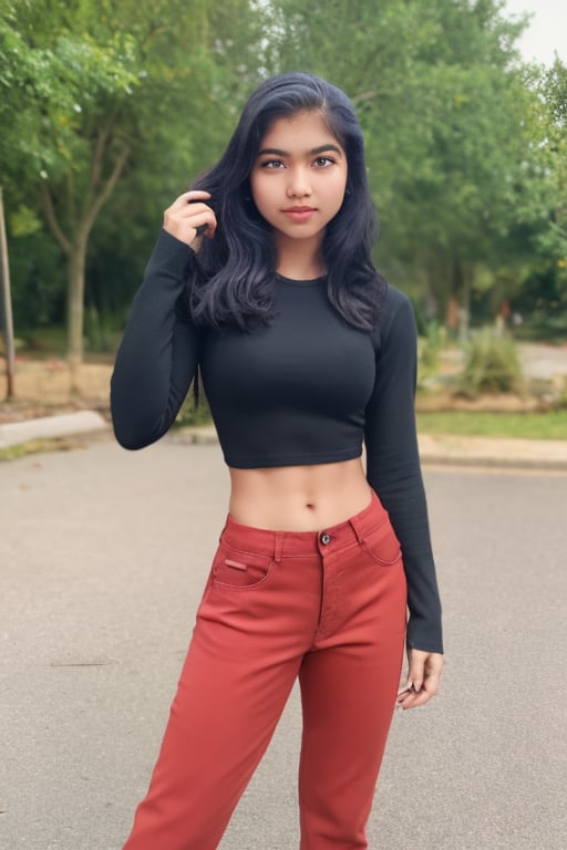 1girl, solo, long hair, breasts, looking at viewer, shirt, black hair, long sleeves, navel, fit body, bodybuilding, slim,  15year old girl, brown eyes, standing, full body, outdoors, shoes, midriff, pants, black footwear, crop top, realistic, photo background, photo inset,15 year old girl,photorealistic