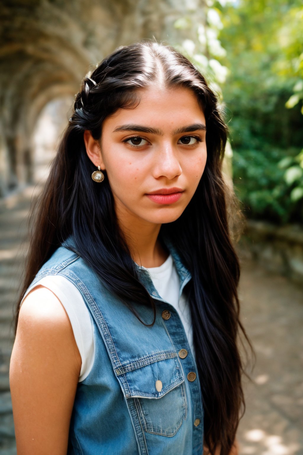 photograph of a woman, (tense facial expression), textured skin, goosebumps, black waterfall braid hair, oversized denim shirt with bike shorts and sneakers, multiple views, majestic fairy-tale castle with turrets drawbridges and ivy-covered walls, perfect eyes, (soft lighting), Porta 160 color, shot on Leica T, bokeh, sharp focus on subject, shot by Candida Höfer,15 year old girl,photorealistic,1 girl