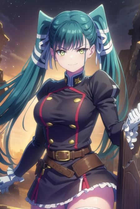 yachihoazuma, <lora:yachiho azuma s1-lora-nochekaiser:1>,yachiho azuma, long hair, twintails, hair ribbon, aqua hair, (yellow eyes:1.3), smile, smirk,BREAK thighhighs, gloves, jewelry, earrings, boots, shorts, belt, uniform, military, military uniform, thigh boots, epaulettes, black military uniform,BREAK outdoors, space, starry sky, star \(sky\), moon,BREAK looking at viewer, (cowboy shot:1.5),BREAK <lyco:GoodHands-beta2:1>, (masterpiece:1.2), best quality, high resolution, unity 8k wallpaper, (illustration:0.8), (beautiful detailed eyes:1.6), extremely detailed face, perfect lighting, extremely detailed CG, (perfect hands, perfect anatomy),