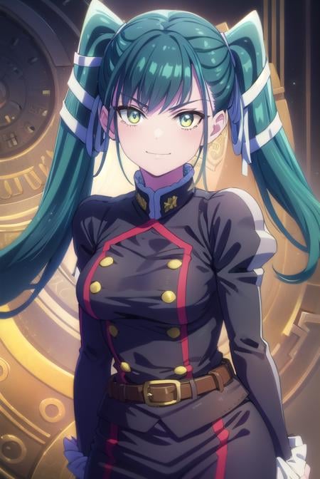 yachihoazuma, <lora:yachiho azuma s1-lora-nochekaiser:1>,yachiho azuma, long hair, twintails, hair ribbon, aqua hair, (yellow eyes:1.3), smile, smirk,BREAK thighhighs, gloves, jewelry, earrings, boots, shorts, belt, uniform, military, military uniform, thigh boots, epaulettes, black military uniform,BREAK outdoors, space, starry sky, star \(sky\), moon,BREAK looking at viewer, (cowboy shot:1.5),BREAK <lyco:GoodHands-beta2:1>, (masterpiece:1.2), best quality, high resolution, unity 8k wallpaper, (illustration:0.8), (beautiful detailed eyes:1.6), extremely detailed face, perfect lighting, extremely detailed CG, (perfect hands, perfect anatomy),