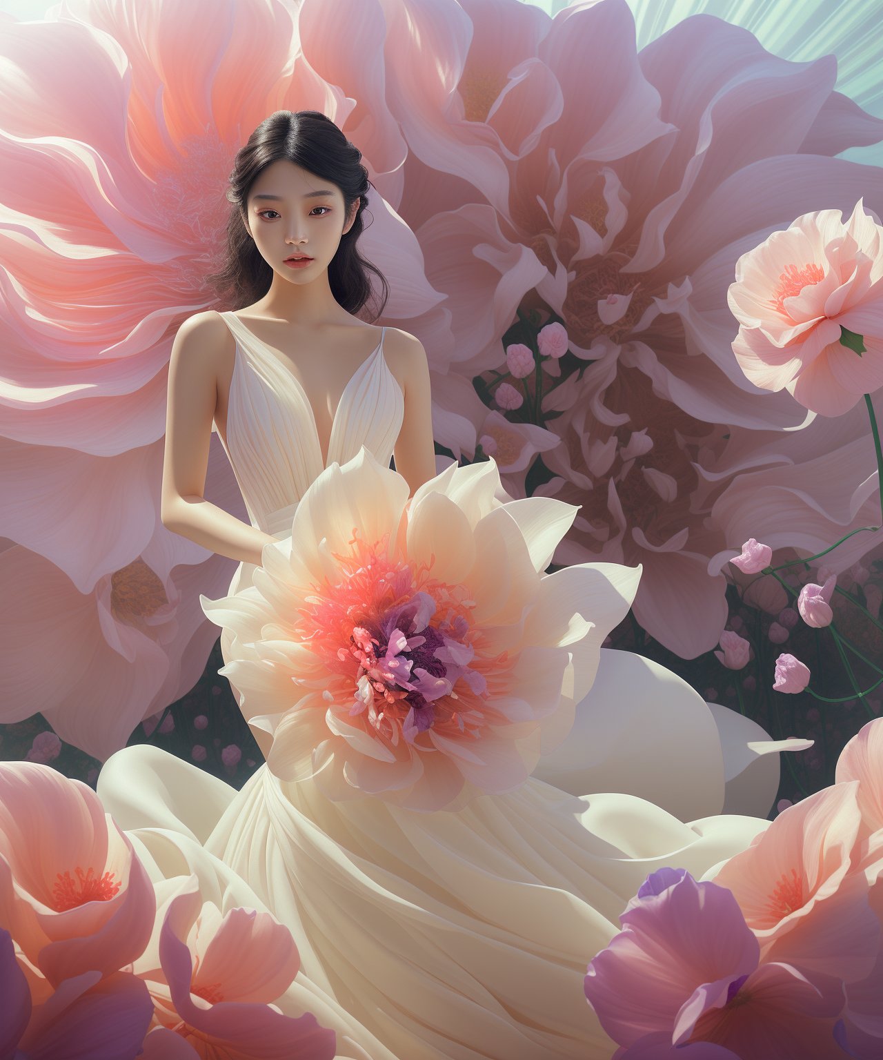 Asian woman with smooth skin, wearing a stunning wedding dress. She is posing in front of a gigantic, vibrantly colorful flower. The scene is bathed in enchanting, dreamlike lighting, enhancing the ethereal beauty of the moment. The atmosphere should evoke a sense of wonder and surreal elegance, highlighting the contrast between the delicate details of the dress and the bold, vivid colors of the flower, lienhoa,Bomi,Detailedface,photorealistic