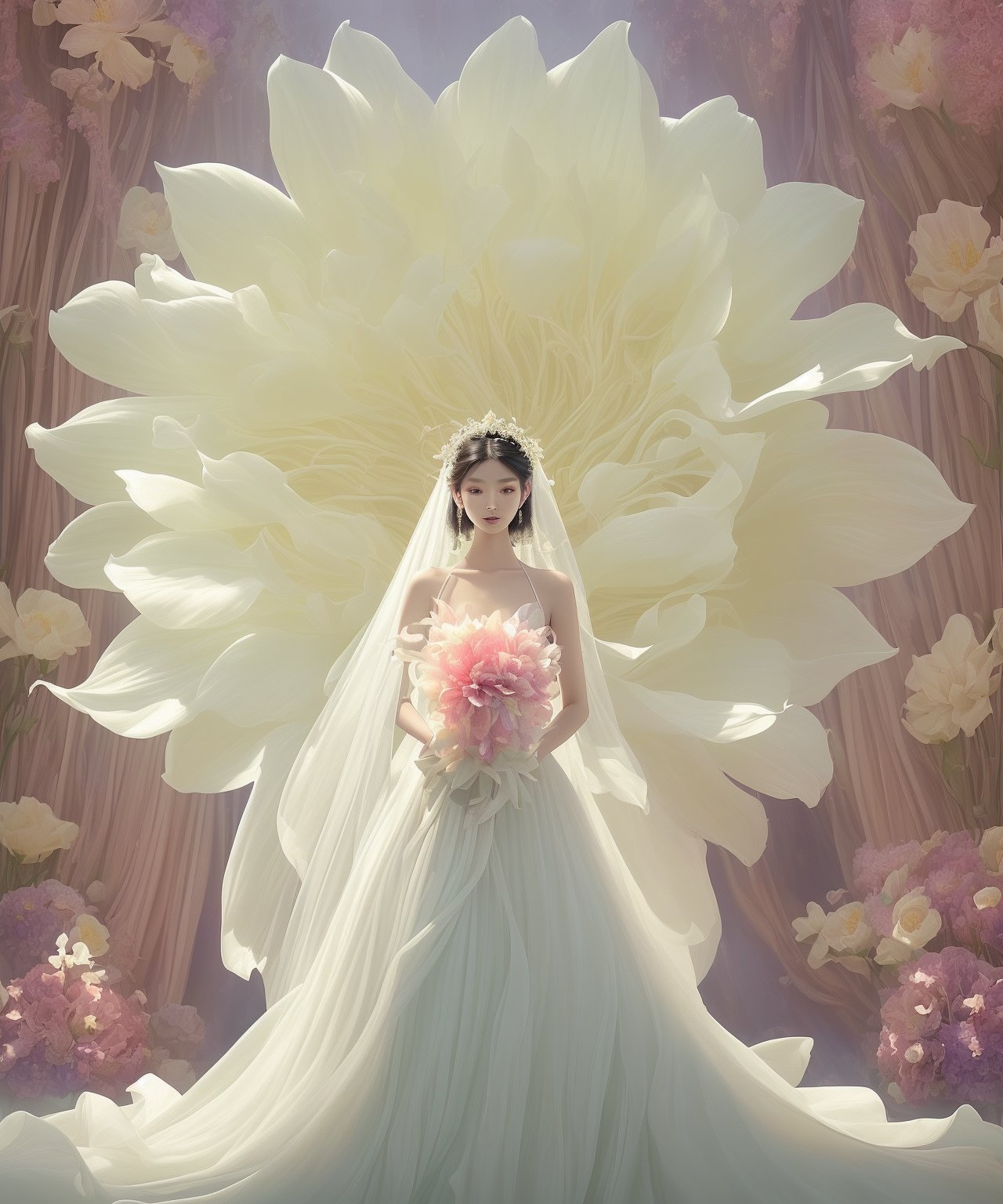   Asian woman with smooth, radiant skin, dressed in an exquisite wedding gown. She stands before a massive, brightly colored flower, embodying a scene of surreal beauty. The setting is infused with mystical lighting, casting an ethereal glow that enhances the dream-like atmosphere. The image should capture a harmonious blend of elegance and vivid natural splendor, highlighting the delicate beauty of the bride against the backdrop of the striking, an oversized flower, lienhoa