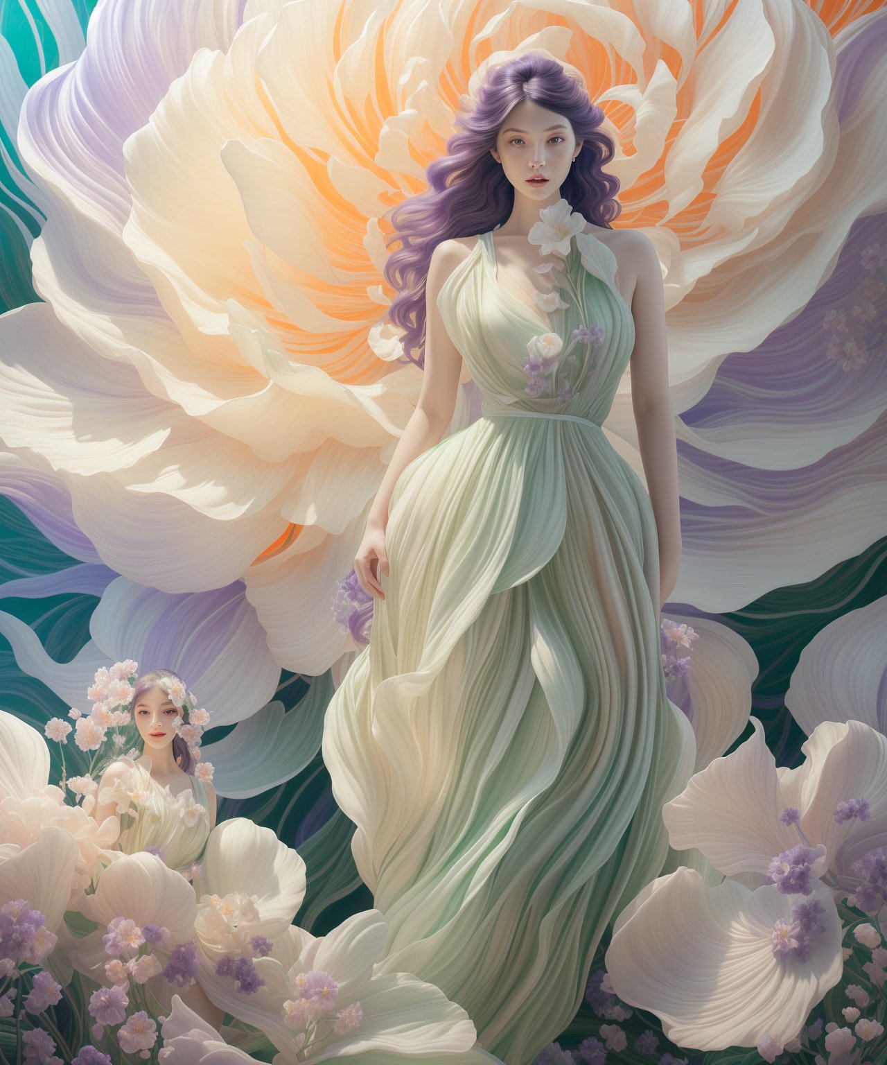 fullbody, photo of woman standing in front of a beauty purple giant's flower, portrait, in the style of realistic hyper-detailed rendering, white and emerald, flowing fabrics, detailed character illustrations, light orange and beige, dark white and light emerald, 32k uhd, whimsical florals, majismo, lienhoa,Bomi,photorealistic