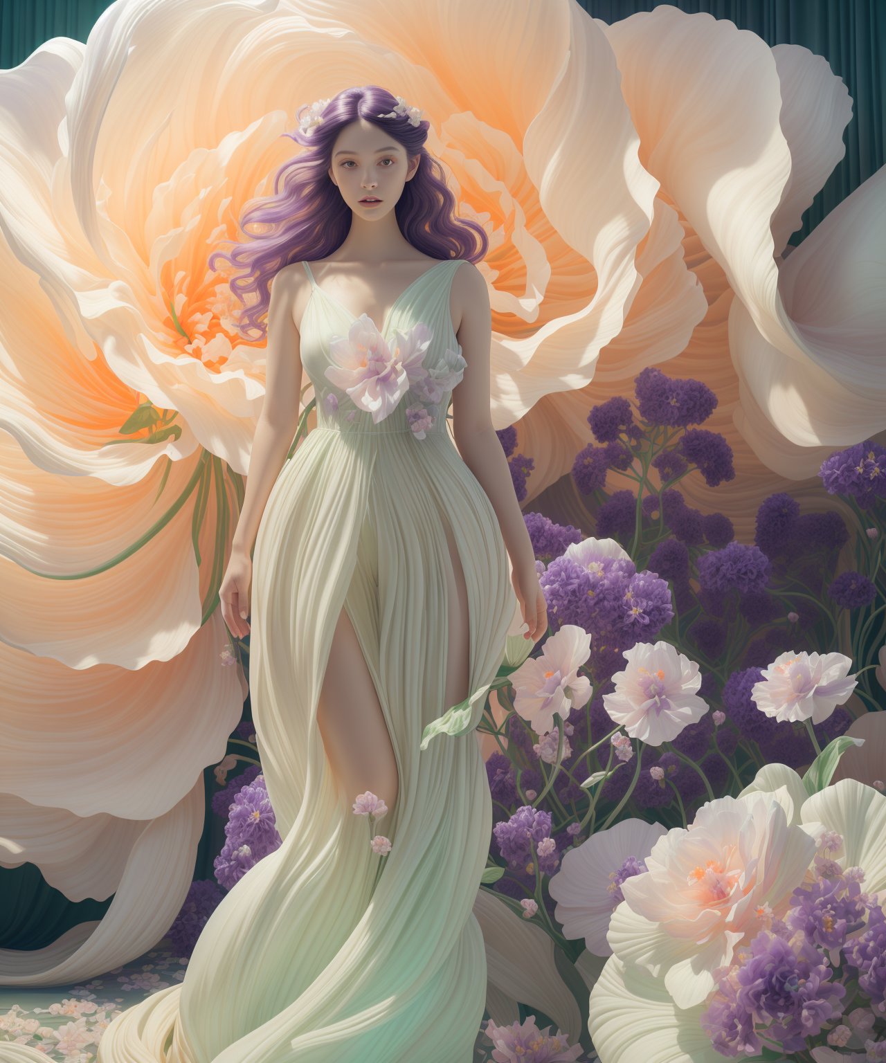 fullbody, photo of woman standing in front of a beauty purple giant's flower, portrait, in the style of realistic hyper-detailed rendering, white and emerald, flowing fabrics, detailed character illustrations, light orange and beige, dark white and light emerald, 32k uhd, whimsical florals, majismo, lienhoa,Bomi,photorealistic