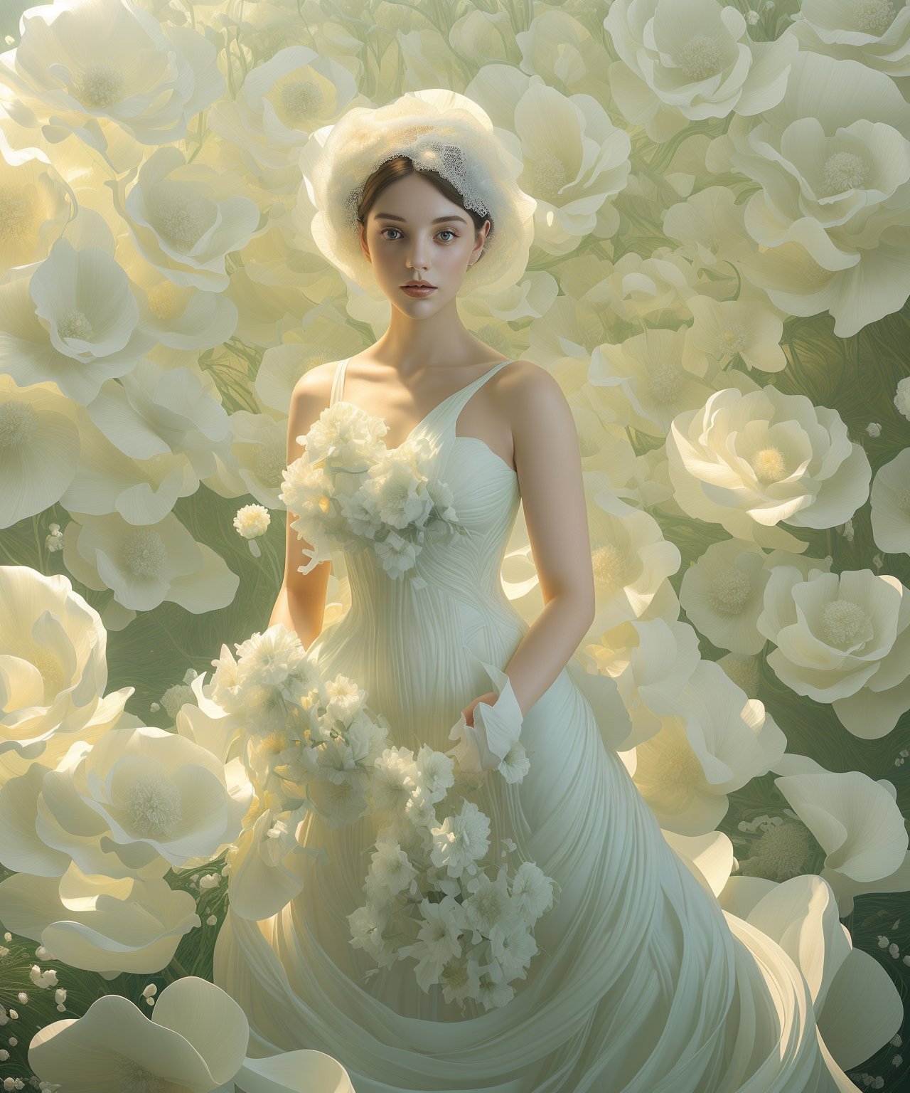 a woman in white wedding dress is posing in font of large white flowers, in the style of artgerm, photorealistic fantasies, light gold and light emerald, multi-layered figures, curves, paul corfield, jessica drossin, realistic, lienhoa,Bomi,photorealistic