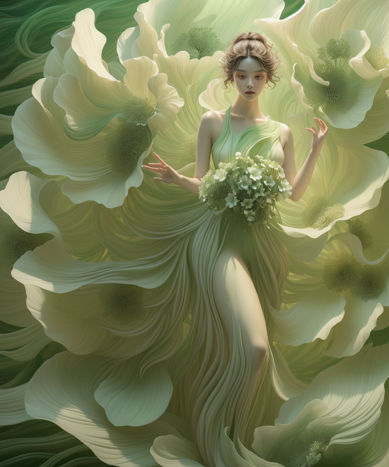 the beautiful girl is wearing beautiful green flowers, fullbody, in the style of realistic and hyper-detailed renderings, light beige and white, fluid and organic forms, i can't believe how beautiful this is, dramatic splendor, multi-layered figures, soft-edge, lienhoa,Bomi,photorealistic