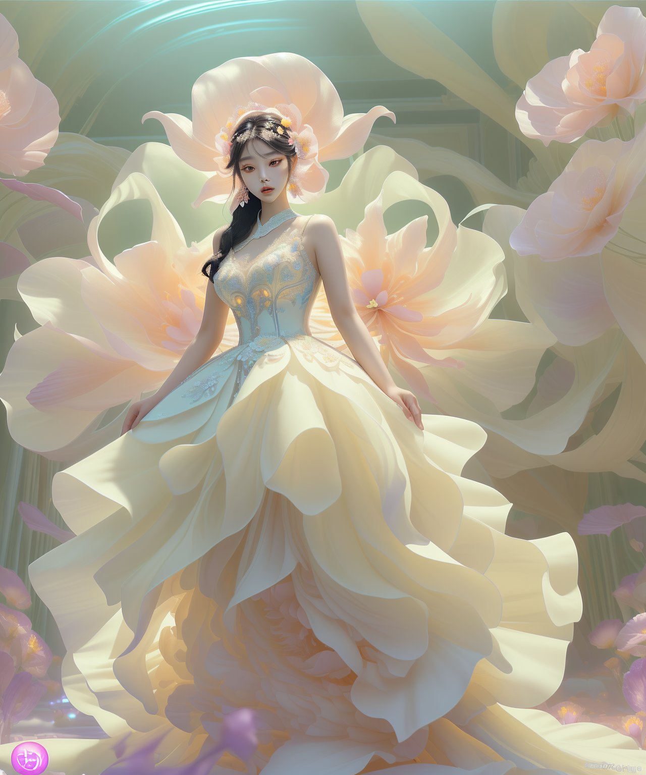 Asian woman with smooth skin, wearing a stunning wedding dress. She is posing in front of a gigantic, vibrantly colorful flower. The scene is bathed in enchanting, dreamlike lighting, enhancing the ethereal beauty of the moment. The atmosphere should evoke a sense of wonder and surreal elegance, highlighting the contrast between the delicate details of the dress and the bold, vivid colors of the flower, lienhoa,Bomi,Detailedface