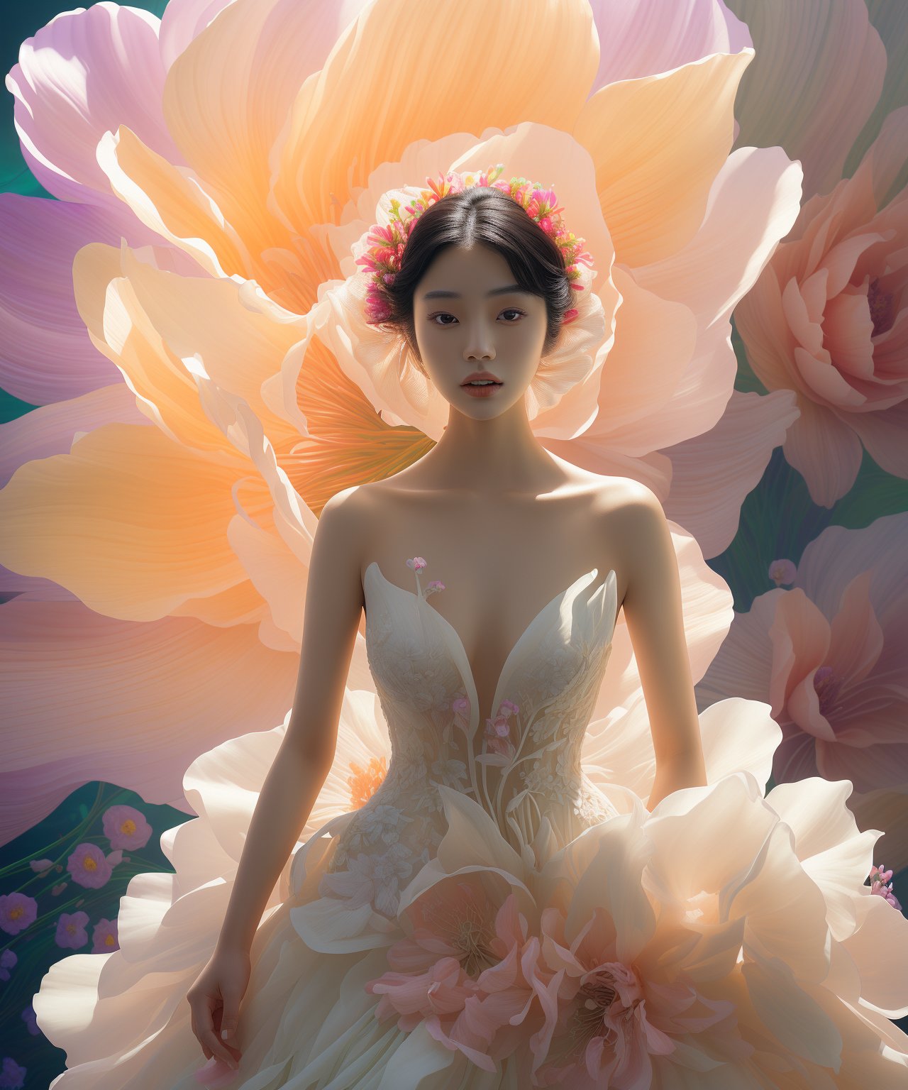 Asian woman with smooth skin, wearing a stunning wedding dress. She is posing in front of a gigantic, vibrantly colorful flower. The scene is bathed in enchanting, dreamlike lighting, enhancing the ethereal beauty of the moment. The atmosphere should evoke a sense of wonder and surreal elegance, highlighting the contrast between the delicate details of the dress and the bold, vivid colors of the flower, lienhoa,Bomi,Detailedface,photorealistic