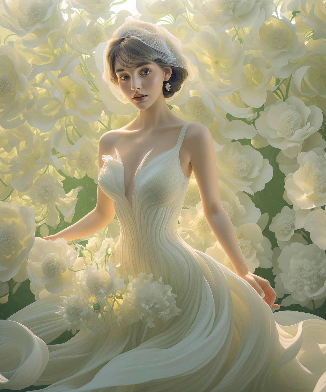 a woman in white wedding dress is posing in font of large white flowers, in the style of artgerm, photorealistic fantasies, light gold and light emerald, multi-layered figures, curves, paul corfield, jessica drossin, realistic, lienhoa,Bomi,photorealistic