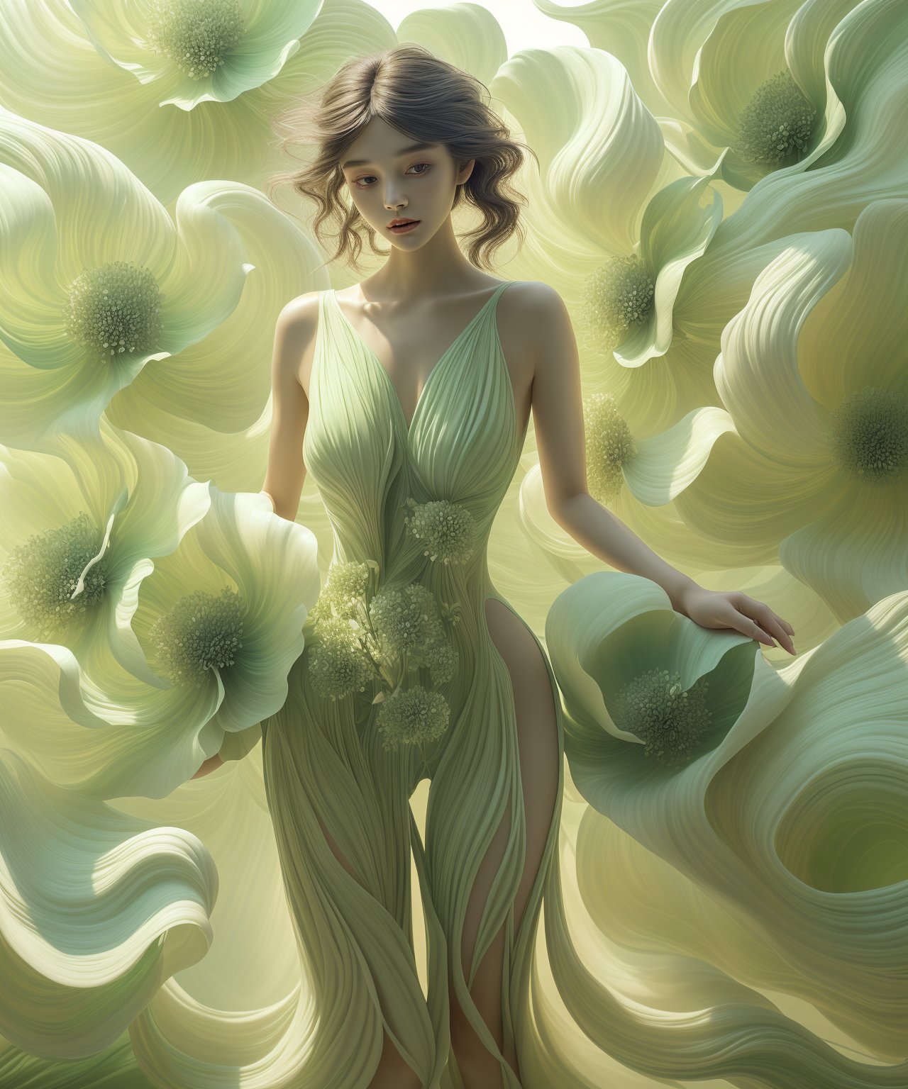 the beautiful girl is wearing beautiful green flowers, fullbody, in the style of realistic and hyper-detailed renderings, light beige and white, fluid and organic forms, i can't believe how beautiful this is, dramatic splendor, multi-layered figures, soft-edge, lienhoa,Bomi,photorealistic