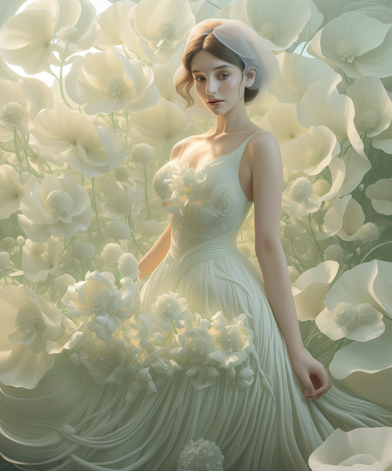 a woman in white wedding dress is posing in font of large white flowers, in the style of artgerm, photorealistic fantasies, light gold and light emerald, multi-layered figures, curves, paul corfield, jessica drossin, realistic, lienhoa,Bomi,photorealistic