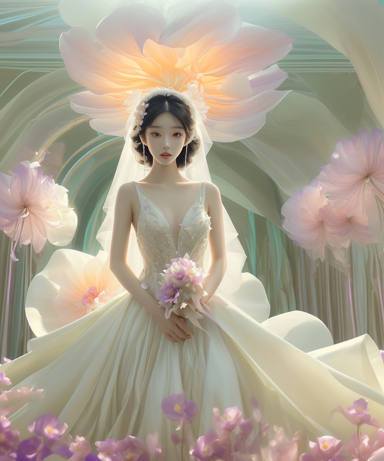 Asian woman with smooth skin, wearing a stunning wedding dress. She is posing in front of a gigantic, vibrantly colorful flower. The scene is bathed in enchanting, dreamlike lighting, enhancing the ethereal beauty of the moment. The atmosphere should evoke a sense of wonder and surreal elegance, highlighting the contrast between the delicate details of the dress and the bold, vivid colors of the flower, lienhoa,Bomi