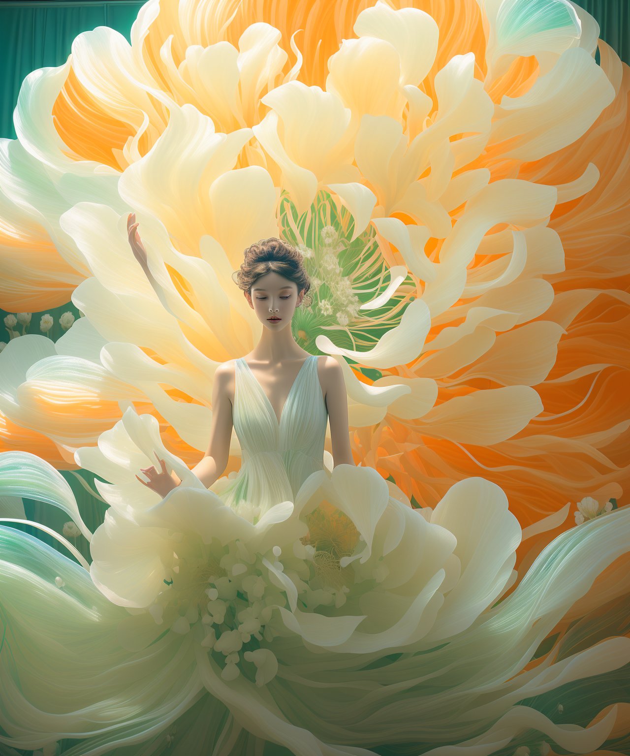 the woman in white dress standing inside a huge white flower, in the style of light orange and light emerald, dynamic pose, made of plastic, multi-layered textures, delicate modeling, full of movement, bold chromaticity, lienhoa,Bomi,photorealistic