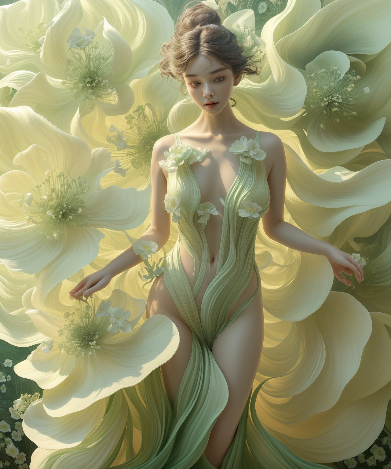 the beautiful girl is wearing beautiful green flowers, fullbody, in the style of realistic and hyper-detailed renderings, light beige and white, fluid and organic forms, i can't believe how beautiful this is, dramatic splendor, multi-layered figures, soft-edge, lienhoa,Bomi,photorealistic