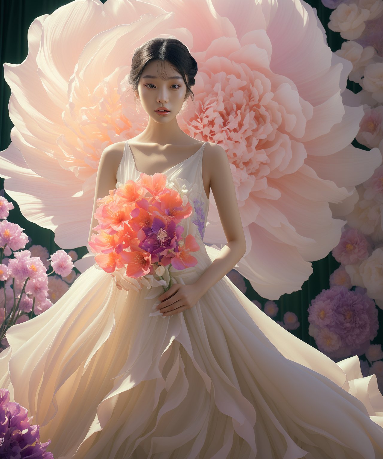 Asian woman with smooth skin, wearing a stunning wedding dress. She is posing in front of a gigantic, vibrantly colorful flower. The scene is bathed in enchanting, dreamlike lighting, enhancing the ethereal beauty of the moment. The atmosphere should evoke a sense of wonder and surreal elegance, highlighting the contrast between the delicate details of the dress and the bold, vivid colors of the flower, lienhoa,Bomi,Detailedface,photorealistic