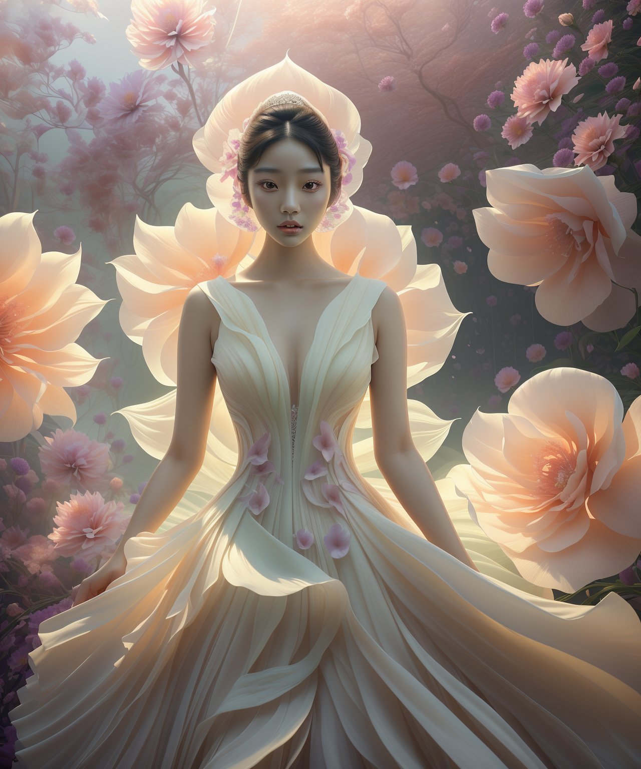 Asian woman with smooth skin, wearing a stunning wedding dress. She is posing in front of a gigantic, vibrantly colorful flower. The scene is bathed in enchanting, dreamlike lighting, enhancing the ethereal beauty of the moment. The atmosphere should evoke a sense of wonder and surreal elegance, highlighting the contrast between the delicate details of the dress and the bold, vivid colors of the flower, lienhoa,Bomi,Detailedface,photorealistic