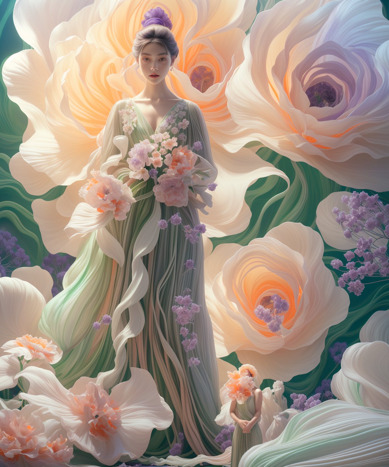 fullbody, photo of woman standing in front of a beauty purple giant's flower, portrait, in the style of realistic hyper-detailed rendering, white and emerald, flowing fabrics, detailed character illustrations, light orange and beige, dark white and light emerald, 32k uhd, whimsical florals, majismo, lienhoa,Bomi,photorealistic