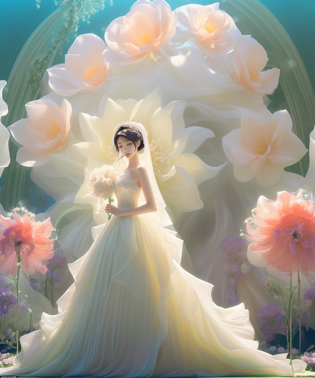   Asian woman with smooth, radiant skin, dressed in an exquisite wedding gown. She stands before a massive, brightly colored flower, embodying a scene of surreal beauty. The setting is infused with mystical lighting, casting an ethereal glow that enhances the dream-like atmosphere. The image should capture a harmonious blend of elegance and vivid natural splendor, highlighting the delicate beauty of the bride against the backdrop of the striking, an oversized flower, lienhoa,Bomi