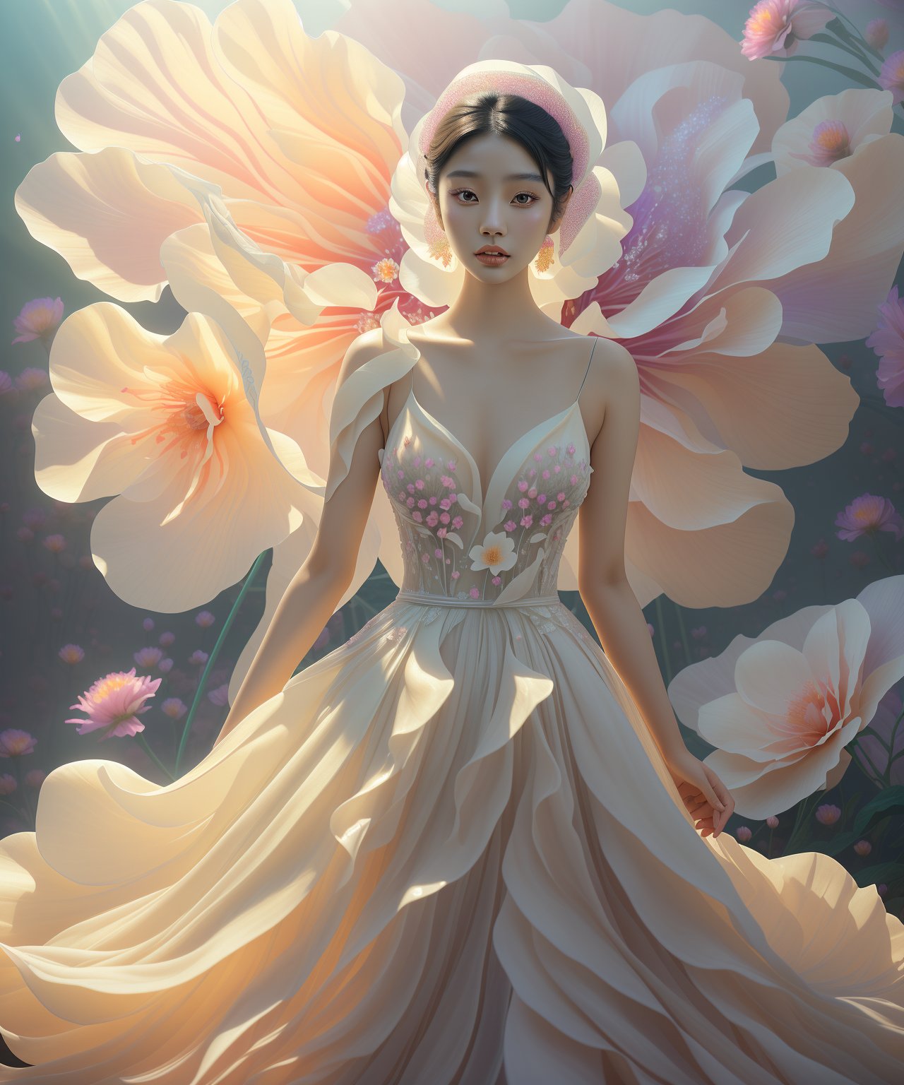 Asian woman with smooth skin, wearing a stunning wedding dress. She is posing in front of a gigantic, vibrantly colorful flower. The scene is bathed in enchanting, dreamlike lighting, enhancing the ethereal beauty of the moment. The atmosphere should evoke a sense of wonder and surreal elegance, highlighting the contrast between the delicate details of the dress and the bold, vivid colors of the flower, lienhoa,Bomi,Detailedface,photorealistic