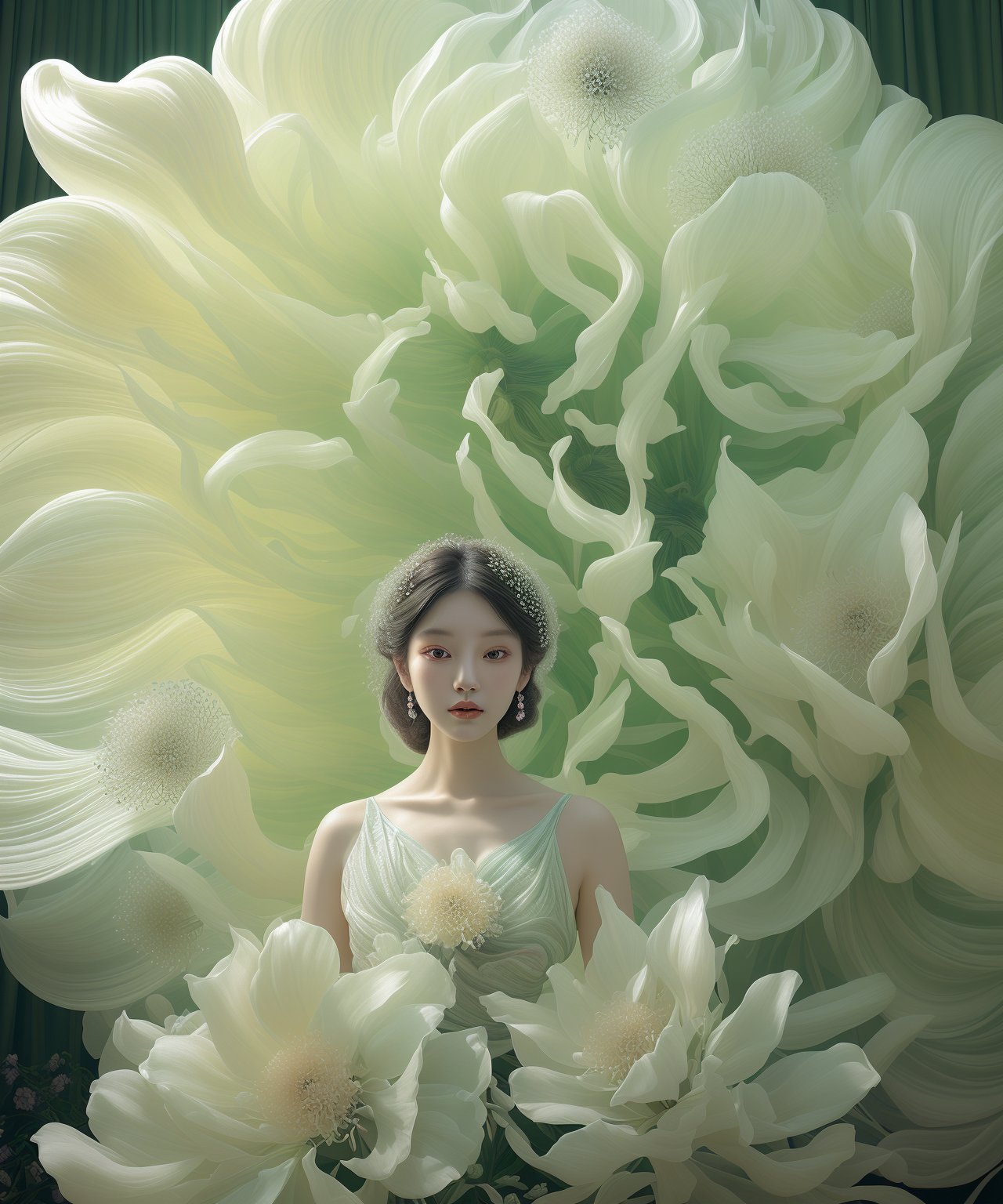 a woman is posing with a giant flower, in the style of light white and light emerald, ethereal details, influenced by ancient chinese art, flowing fabrics, multi-layered textures, whimsical florals, majismo, lienhoa,Bomi,photorealistic