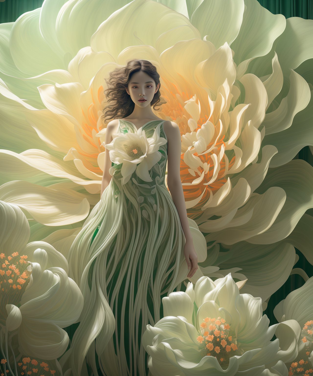 fullbody, photo of woman standing in front of beauty giant's flower, in the style of realistic hyper-detailed rendering, white and emerald, flowing fabrics, detailed character illustrations, light orange and beige, dark white and light emerald, 32k uhd, lienhoa,Bomi,photorealistic