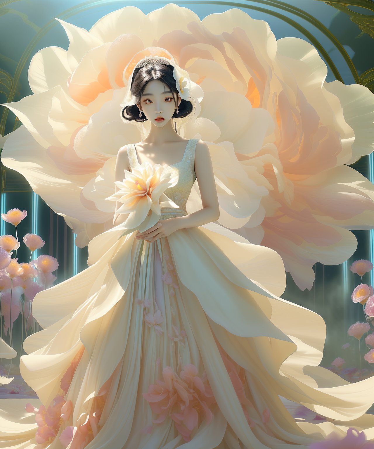 Asian woman with smooth skin, wearing a stunning wedding dress. She is posing in front of a gigantic, vibrantly colorful flower. The scene is bathed in enchanting, dreamlike lighting, enhancing the ethereal beauty of the moment. The atmosphere should evoke a sense of wonder and surreal elegance, highlighting the contrast between the delicate details of the dress and the bold, vivid colors of the flower, lienhoa,Bomi,Detailedface