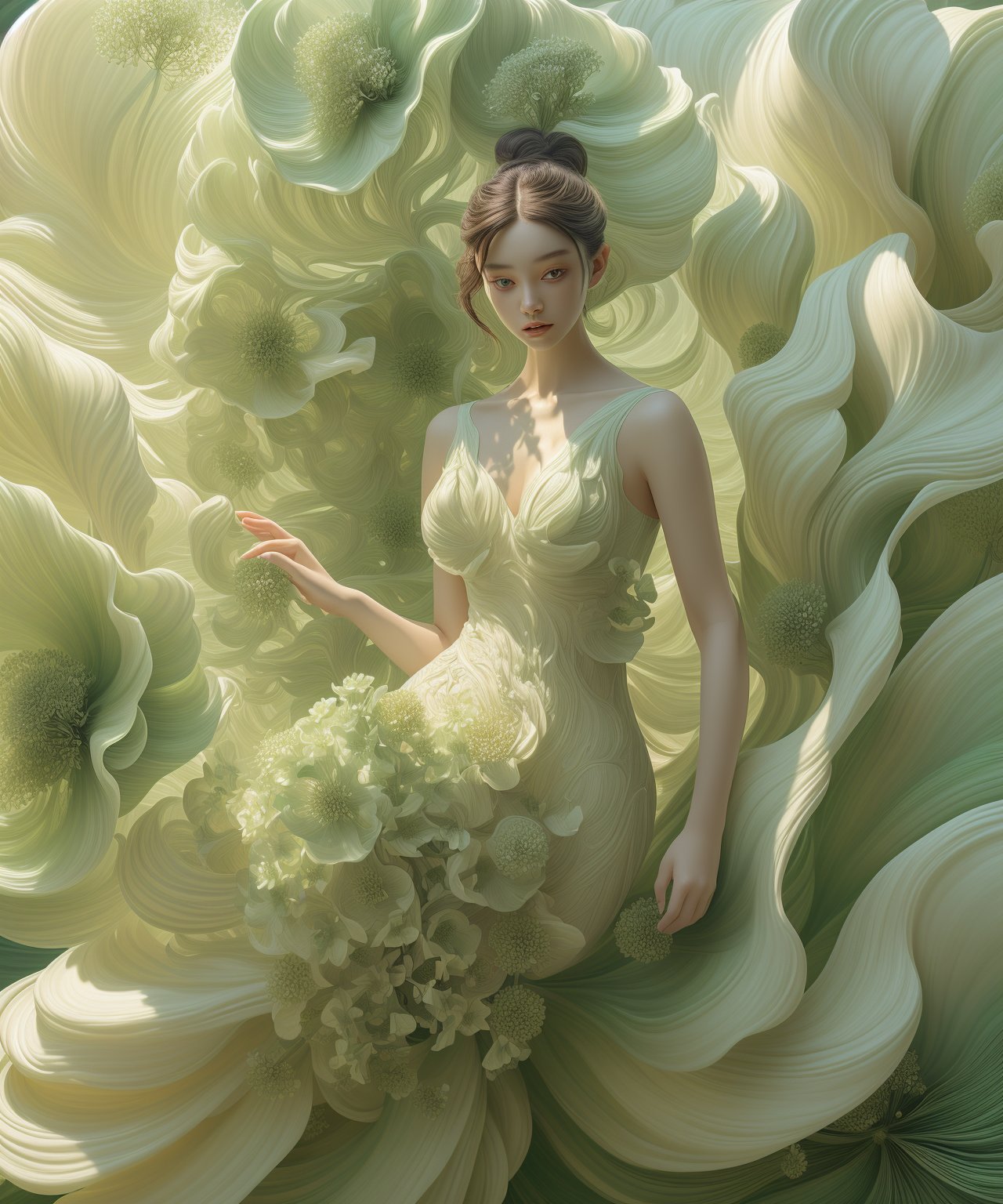 the beautiful girl is wearing beautiful green flowers, fullbody, in the style of realistic and hyper-detailed renderings, light beige and white, fluid and organic forms, i can't believe how beautiful this is, dramatic splendor, multi-layered figures, soft-edge, lienhoa,Bomi,photorealistic