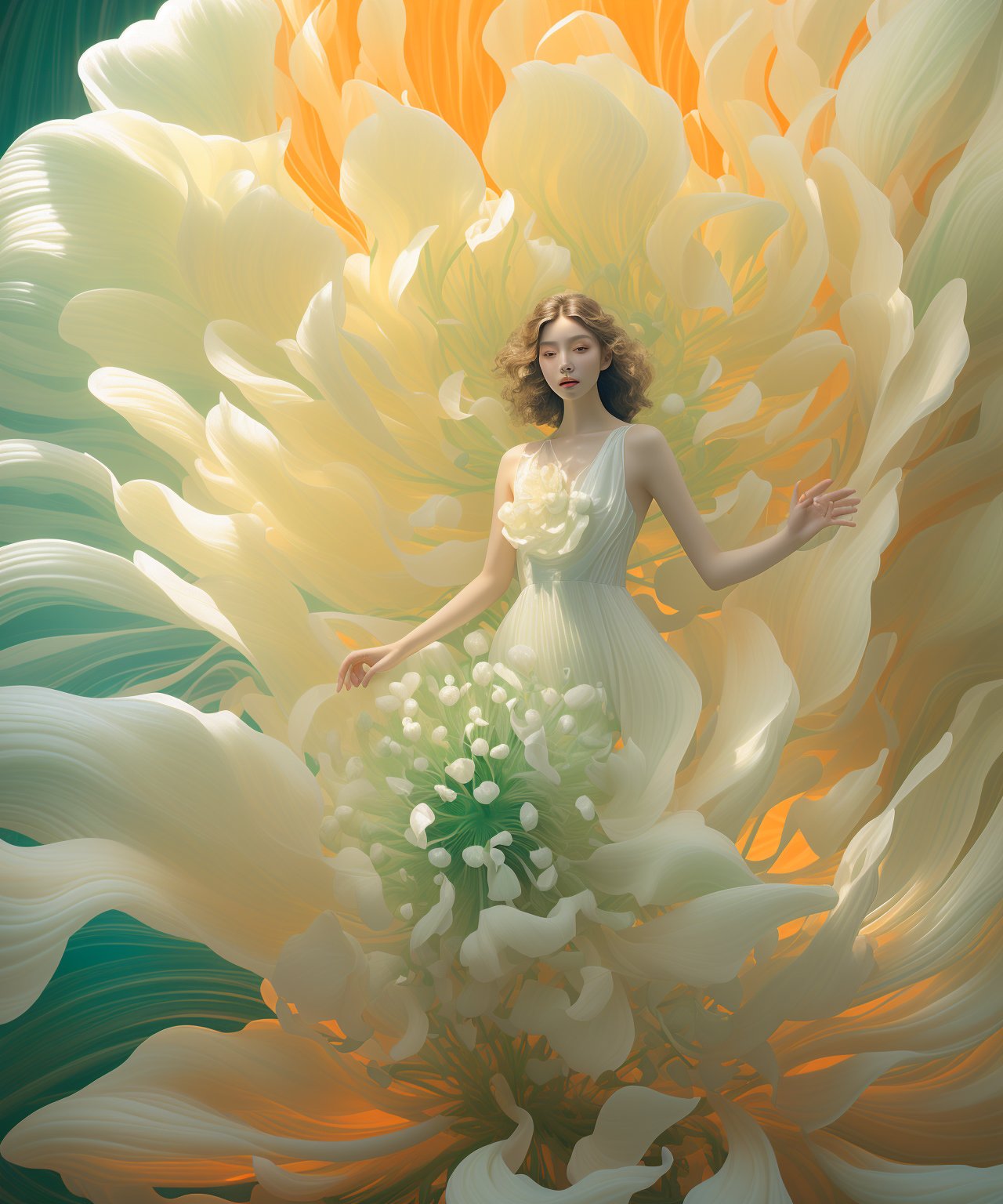 the woman in white dress standing inside a huge white flower, in the style of light orange and light emerald, dynamic pose, made of plastic, multi-layered textures, delicate modeling, full of movement, bold chromaticity, lienhoa,Bomi,photorealistic