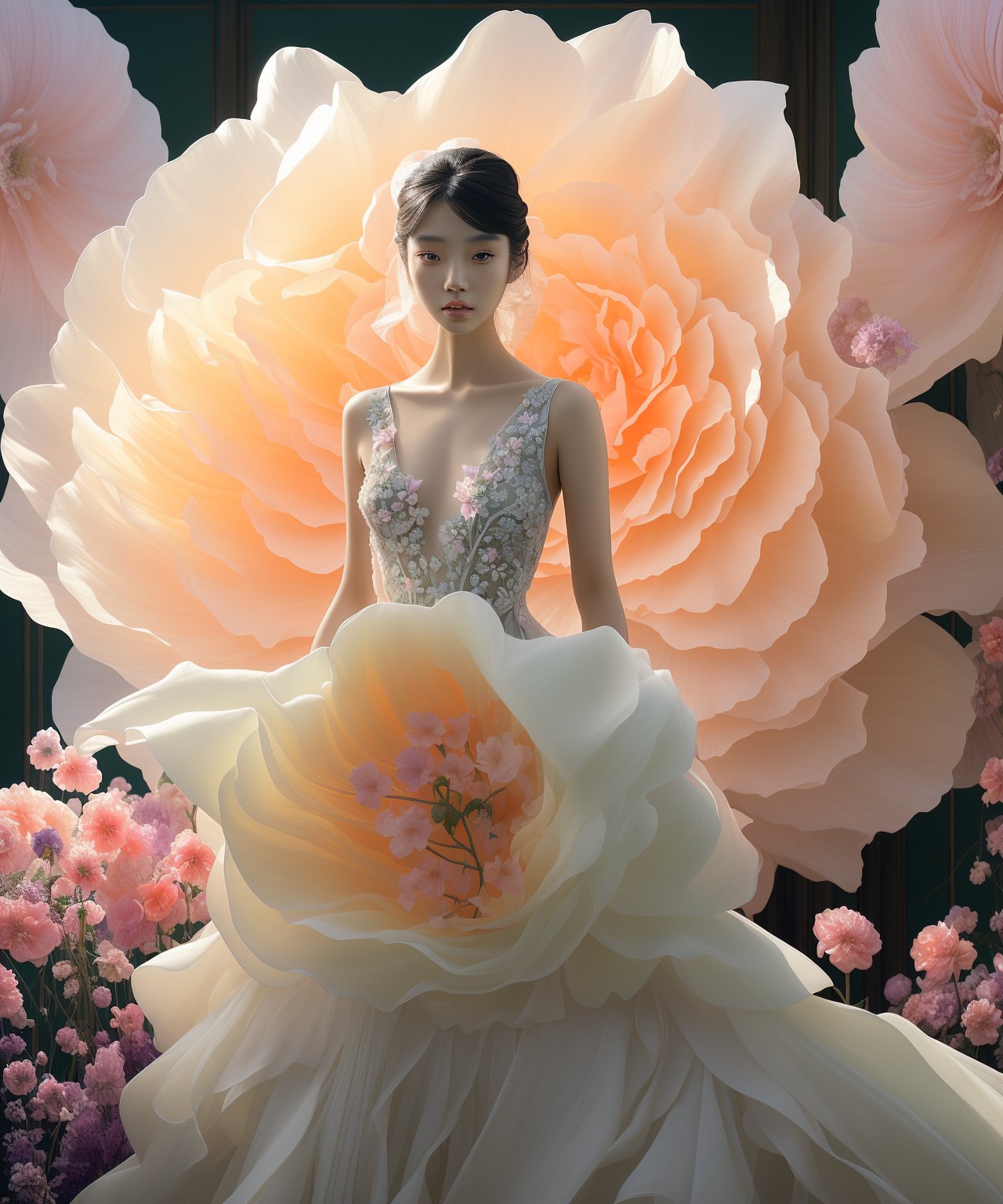 Asian woman with smooth skin, wearing a stunning wedding dress. She is posing in front of a gigantic, vibrantly colorful flower. The scene is bathed in enchanting, dreamlike lighting, enhancing the ethereal beauty of the moment. The atmosphere should evoke a sense of wonder and surreal elegance, highlighting the contrast between the delicate details of the dress and the bold, vivid colors of the flower, lienhoa,Bomi,Detailedface,photorealistic