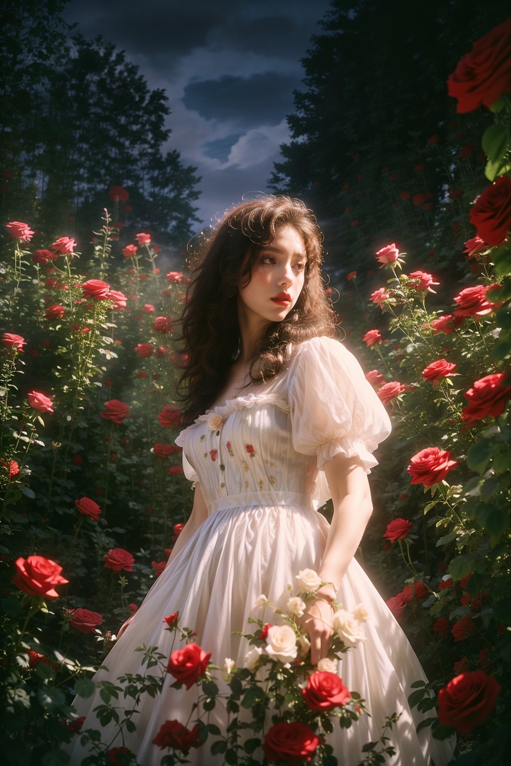 1 girl, solo, dress, flowers, white dress, long hair, fluffy sleeves, red flowers, short sleeves, roses, outdoor, sky, brown hair, natural, fluffy short sleeves, red lips, plants, lips, black hair, curly hair, trees, standing, shrubs, parted lips, red roses, (smoke), light, (night)<lora:wlqc_20230821183510:0.7> <lora:add_detail(1):0.55>