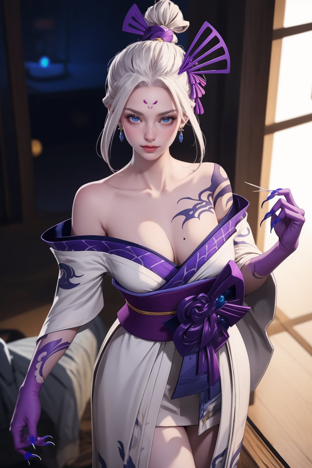 masterpiece,  best quality,  
bttn, 1girl, solo, breasts, looking at viewer, smile, blue eyes, hair bun, hair ornament, cleavage, bare shoulders, collarbone, jewelry, large breasts, white hair, earrings, japanese clothes, kimono, off shoulder, lips, makeup, facial mark, crescent, shoulder armor, backlighting, forehead mark, short eyebrows, hair stick, leg tattoo, fingernails, claws, long fingernails, white socks, purple ribbon,