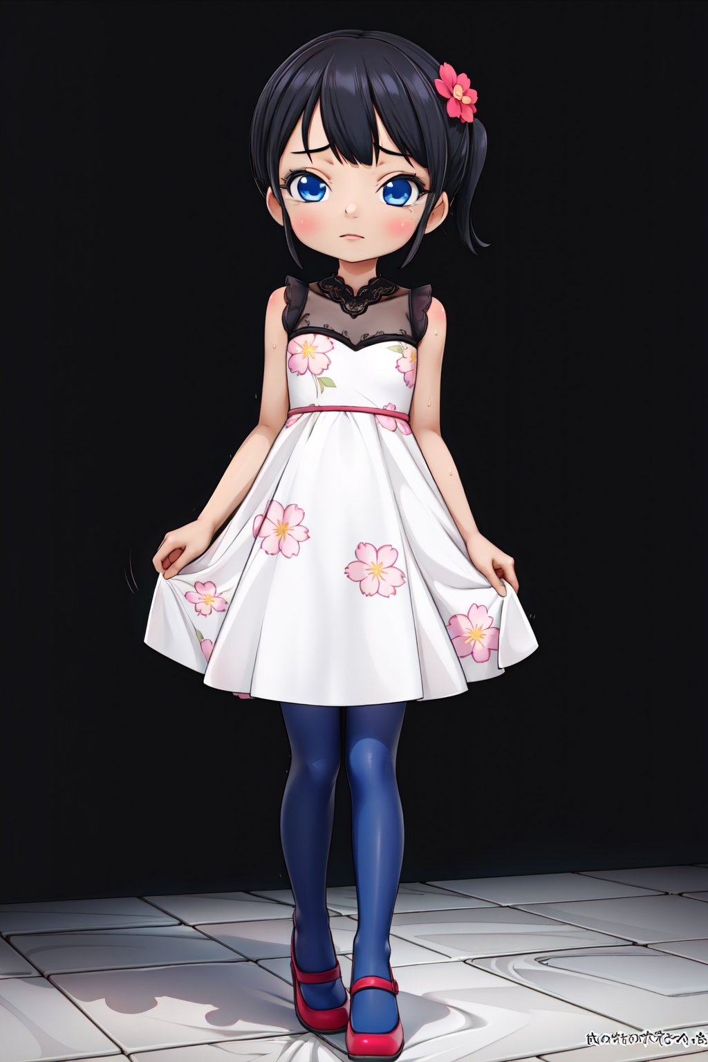 (1girl, solo,(Komejouki), white dress, floral print, blue eyes, (black pantyhose),standing)