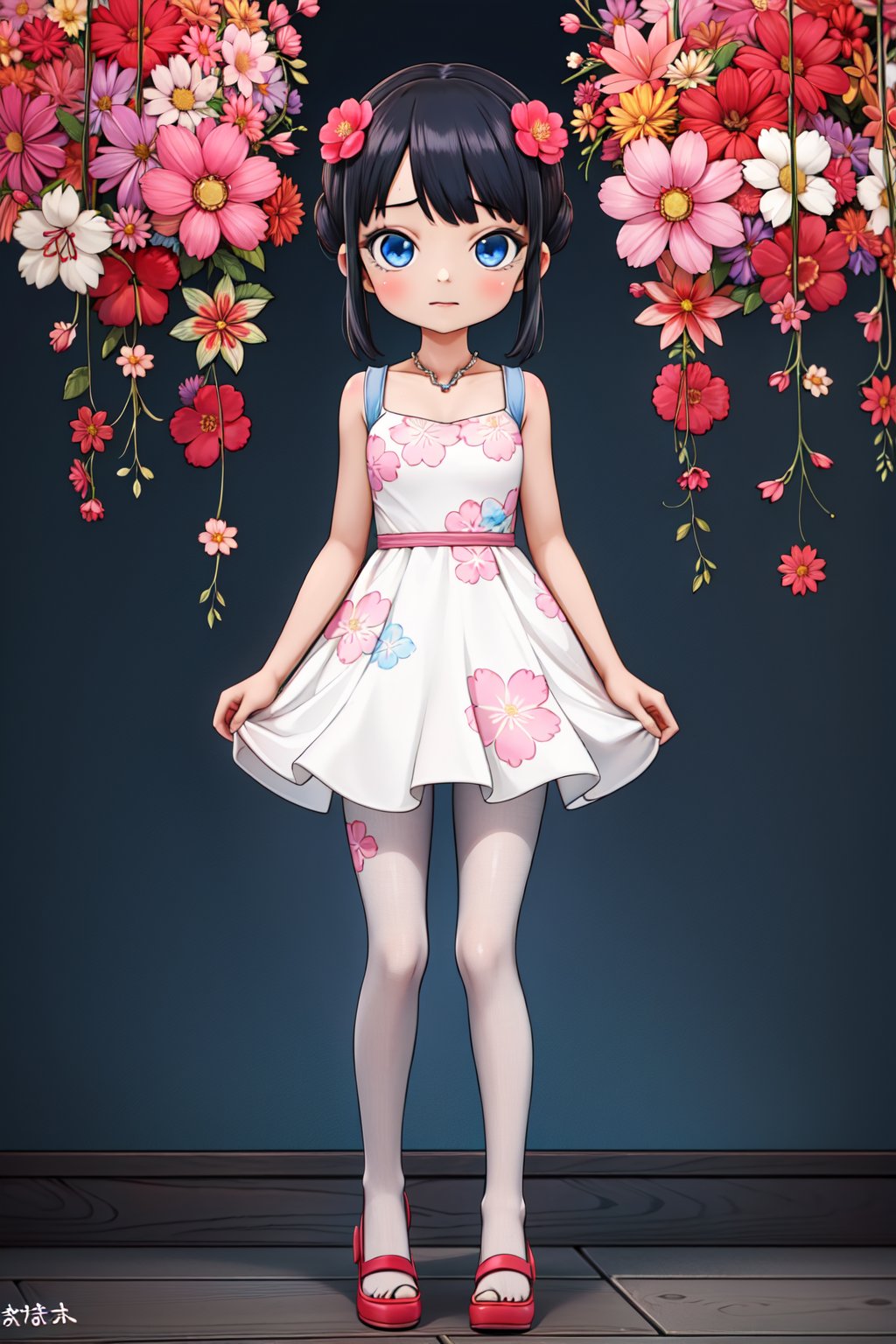 (1girl, solo,(Komejouki), white dress, floral print, blue eyes, black pantyhose,standing)
