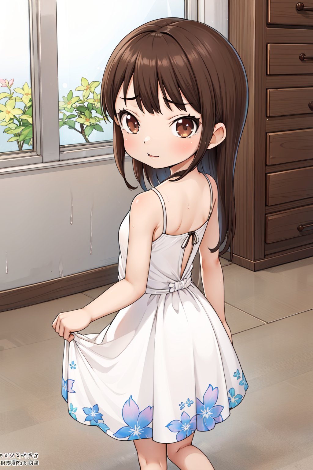 (1girl, solo,(Komejouki), child, brown hair, long hair, white dress, floral print, arms behid back,looking at viewer)
