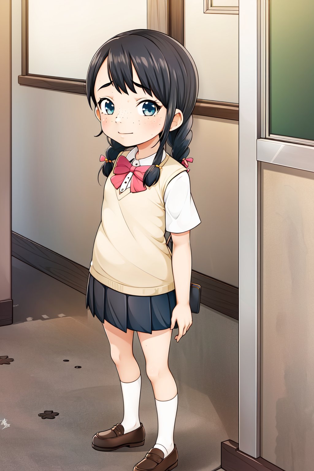 (1girl, solo,(Komejouki), black hair,braids, school uniform, black socks, freckles, (looking at viewer, standing))