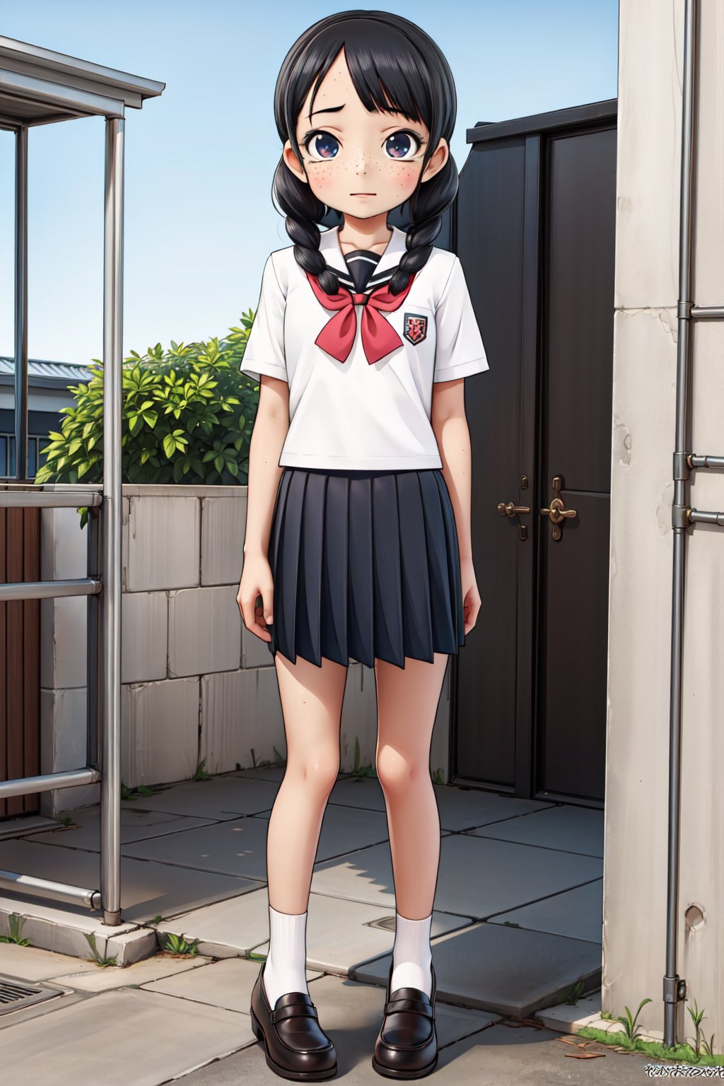 (1girl, solo,(Komejouki), black hair,braids, school uniform, black socks, freckles, (looking at viewer, standing)),upper body
