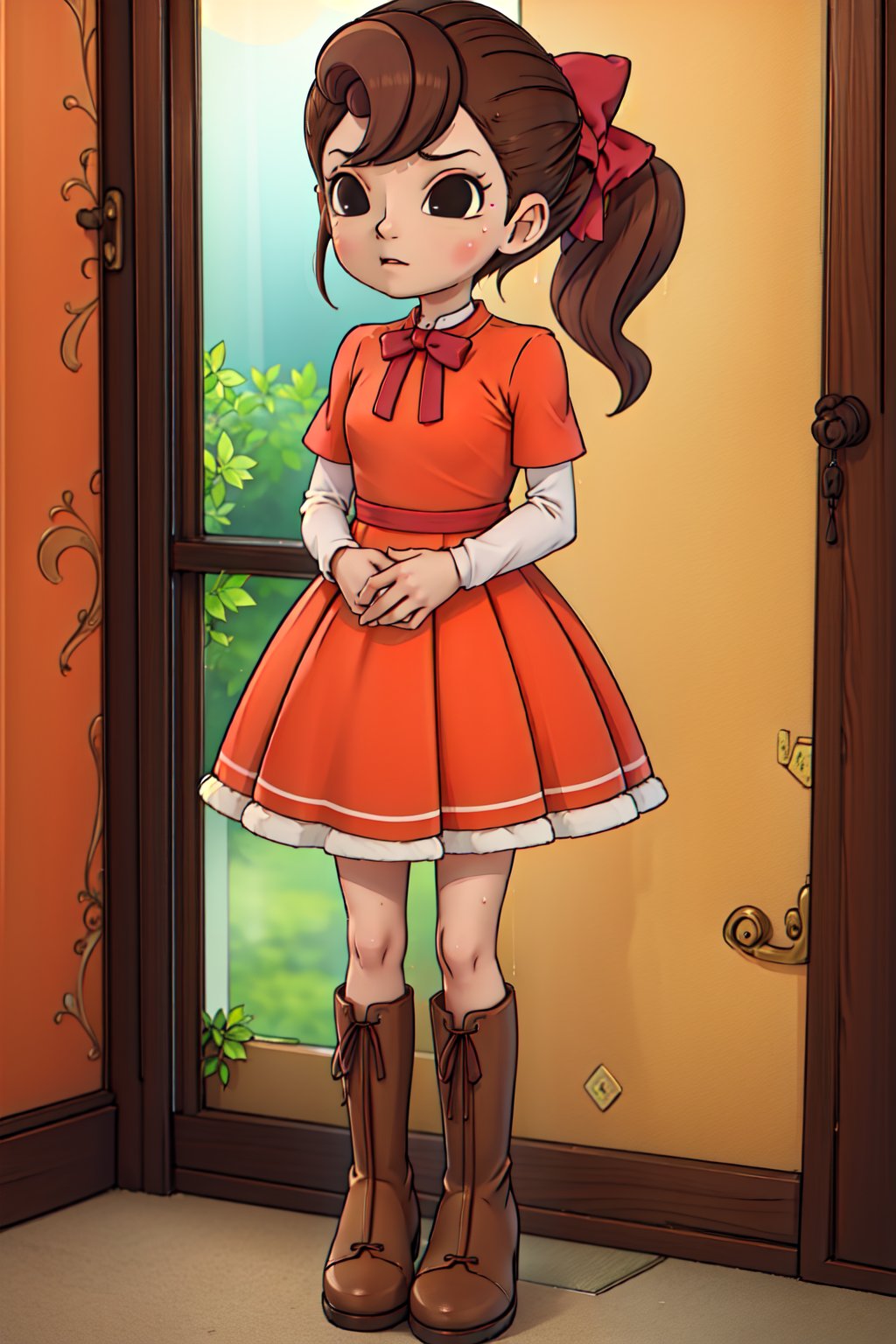 (1girl, (solo),(Komejouki)),(Flora_reinhold, brown hair, black eyes, ponytail, red bow, orange dress ,standing,brown boots),