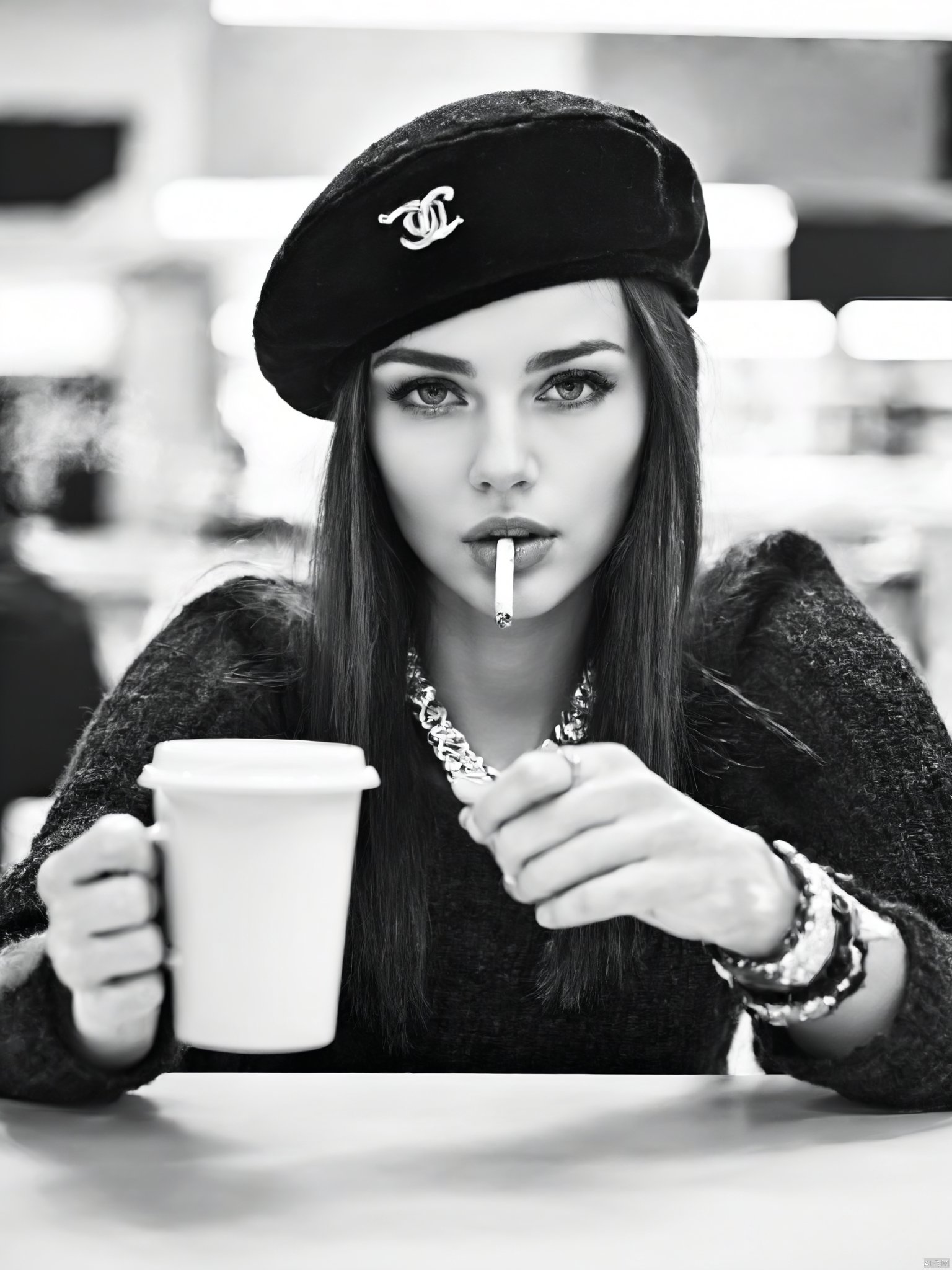  greyscale, 1girl, solo, looking_at_viewer, long_sleeves, hat, holding, jewelry, monochrome, upper_body, greyscale, blurry, cup, lips, blurry_background, cigarette, mug, realistic, cabbie_hat, coffee_mug