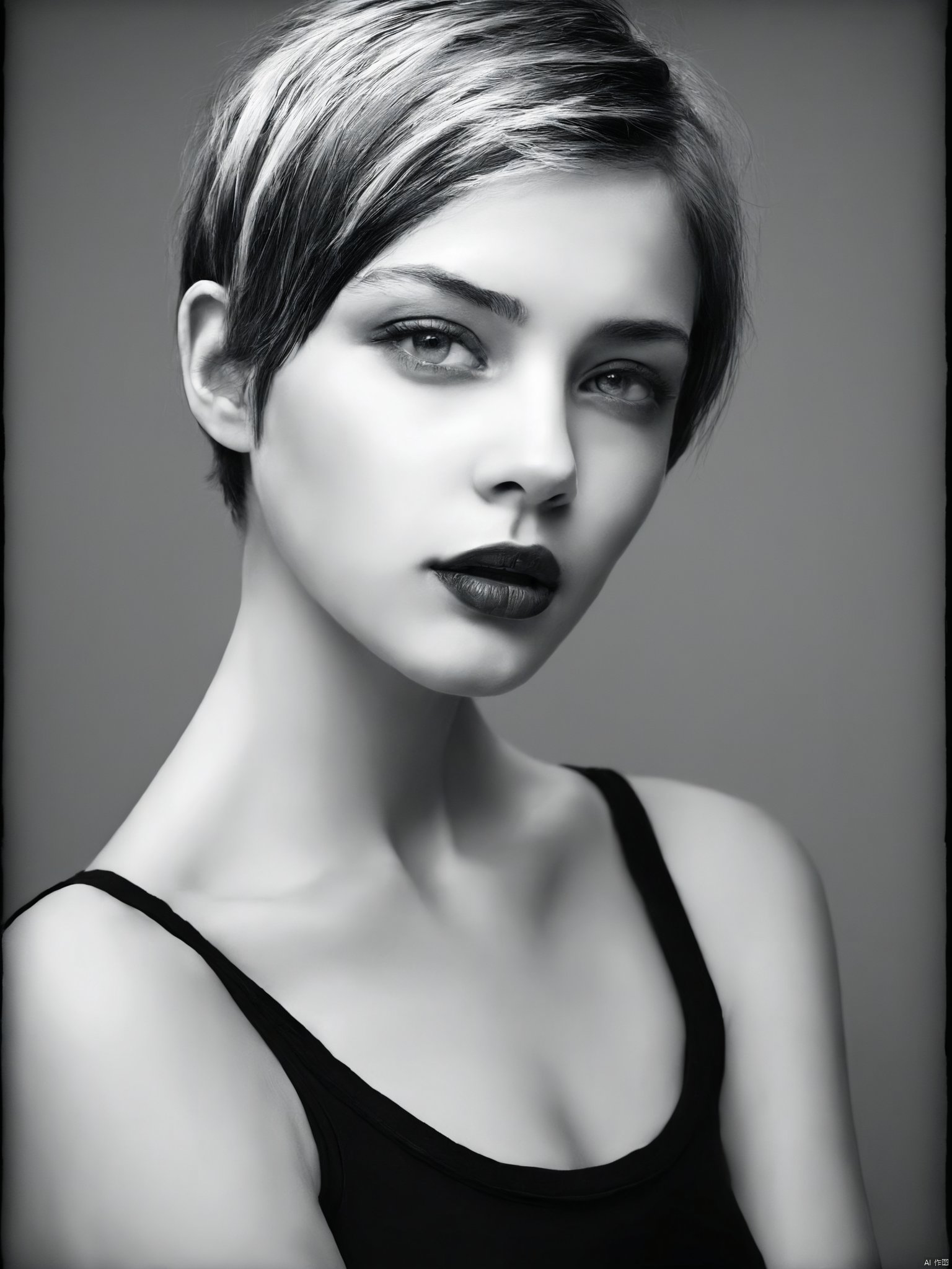 greyscale, 1girl, solo, looking_at_viewer, short_hair, monochrome, upper_body, greyscale, lips, border, realistic, black_border