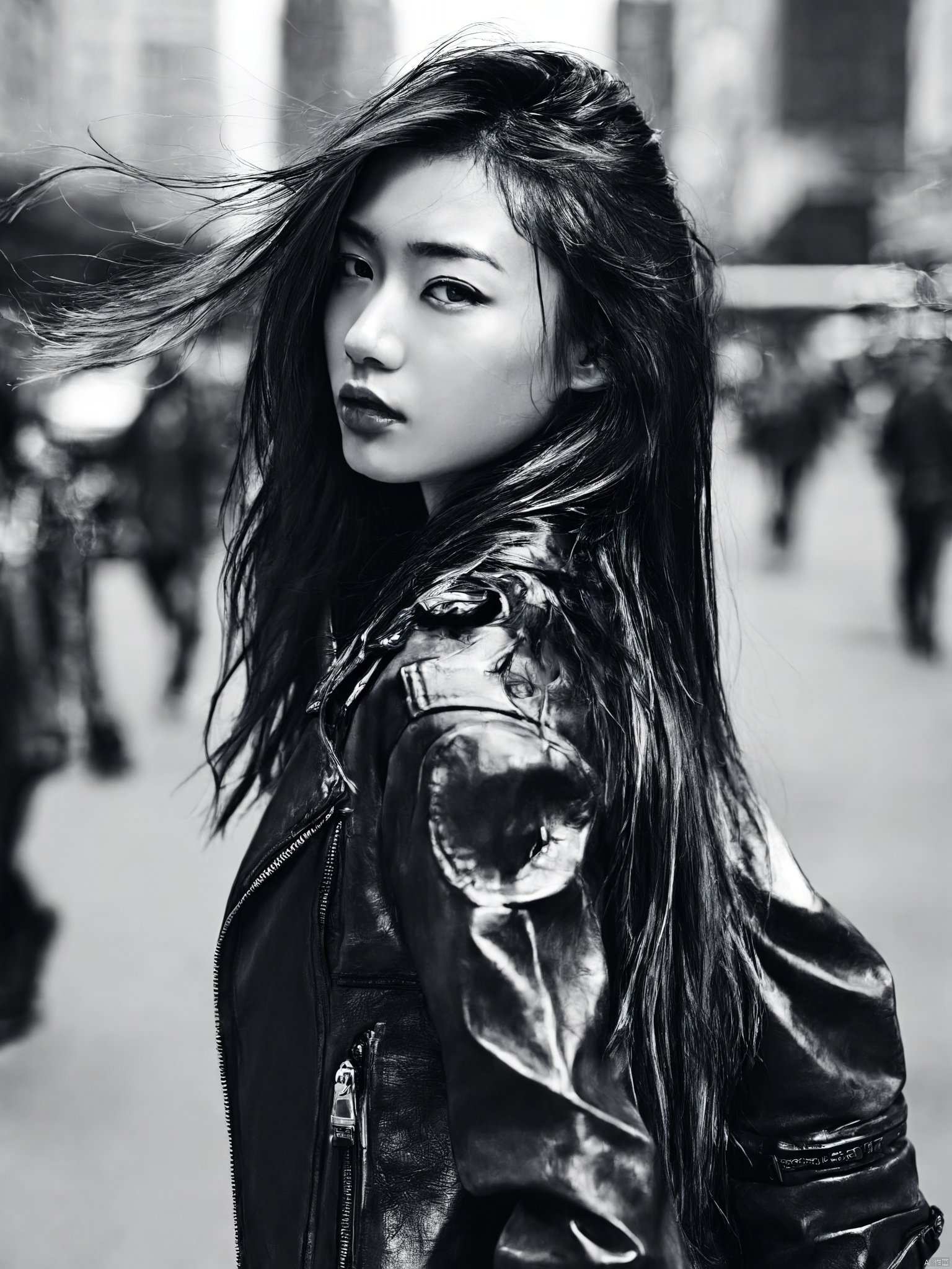  greyscale, chinese,1girl, solo, long_hair, looking_at_viewer, jacket, monochrome, greyscale, lips, hair_over_shoulder, realistic, leather, leather_jacket, full body, city background