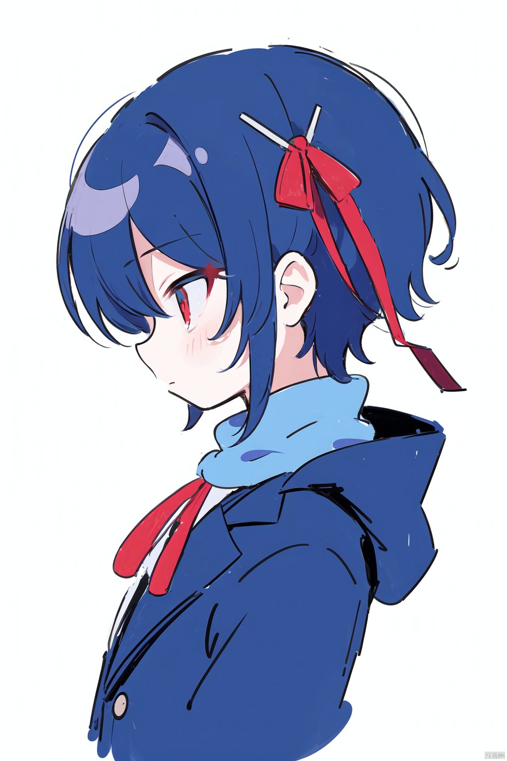 1girl, solo, blush, short hair, simple background, red eyes, white background, ribbon, school uniform, blue hair, jacket, upper body, open clothes, hood, scarf, from side, red ribbon, sketch, neck ribbon, profile, blazer, blue fire