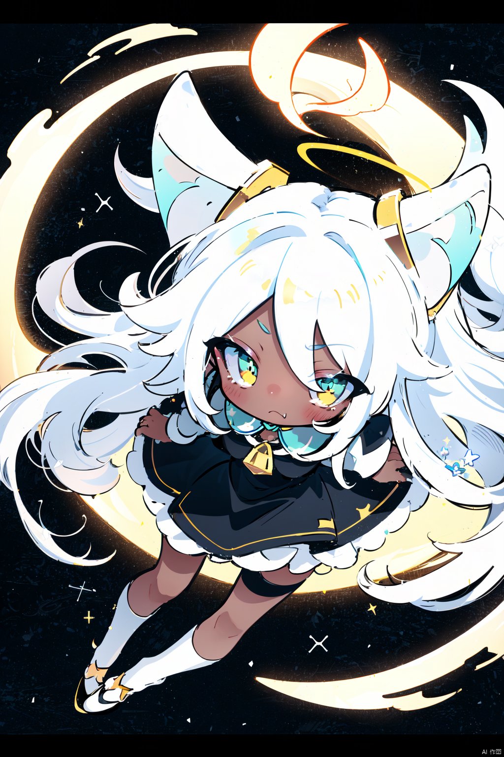 white hair, yellow eyes, aqua eyes, looking up, stockings, dark skin, long hair, hime cut, messy hair, floating hair, demon wings, halo, cross necklace, holy, divinity, shine, holy light, cat girl, (loli), (petite), solo, cozy anime, houtufeng, letterboxed