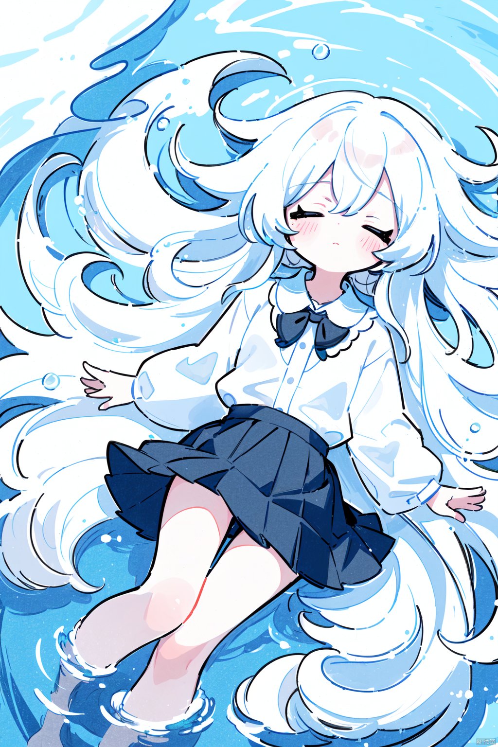 best illustration,(colorful),(from above:1.4),((close up)),(1girl:1.2),(lying_on_water:1.2),(floating on water),full body,(beautiful and delicate face),(beautiful long white hair),(very long white hair),closed eyes,small breasts,(black pleated skirt:1.25), (facing up), water background,(reflective water surface),(flouds in water :1.4),(clouds in water),water with feathers, masterpiece, 1girl,((white hair)),(collared shirt),(white stocking),solo,collarbone,slim legs,(hand on own chest), (water background:1.2),