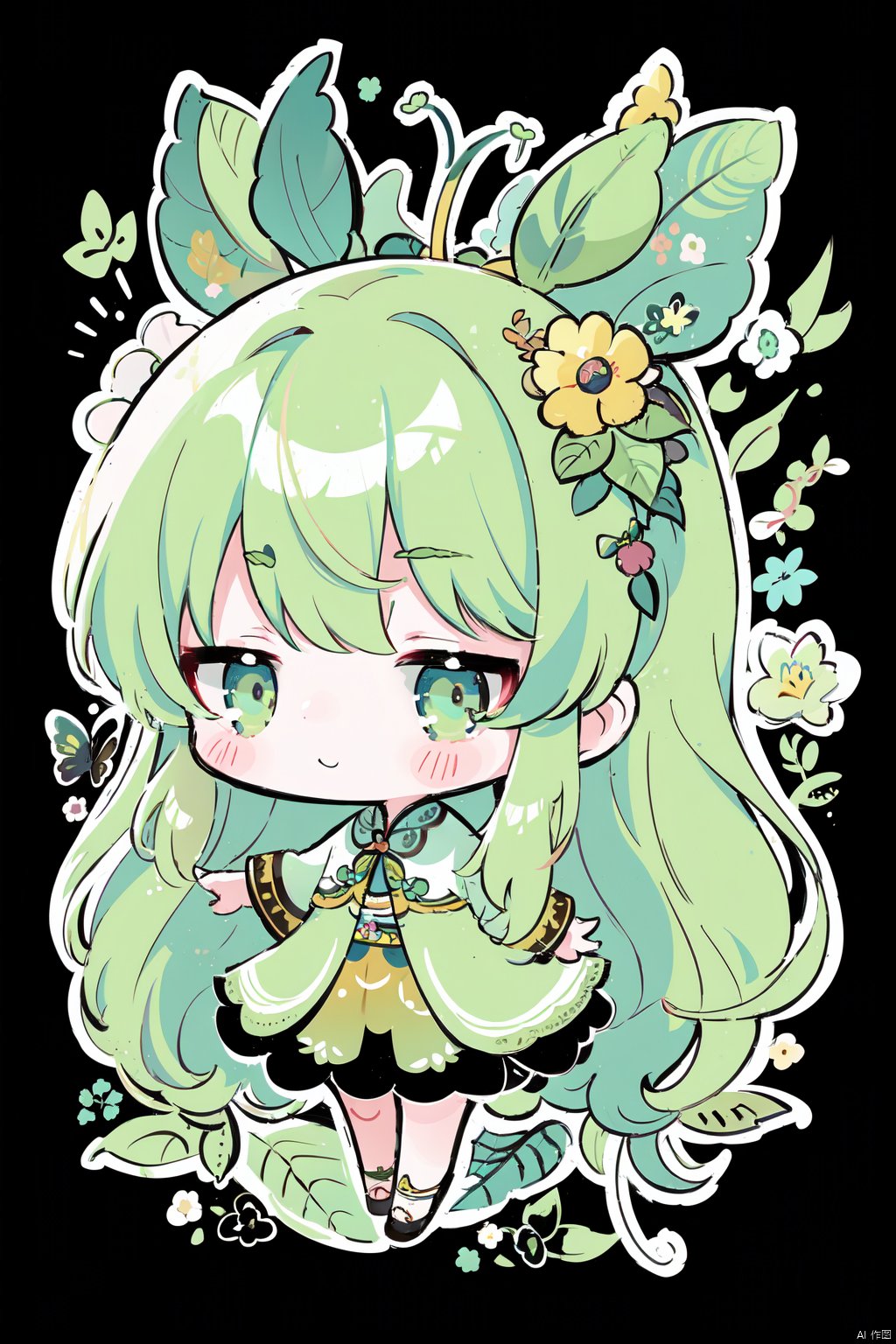 1 girl, surrounded by big leaf plants, wearing flower accessories, (Old-growth forest), (long hair) puberty, young girl, bright outline,Butterfly Dance, chibi, surrealistic,tuyawang, senlin